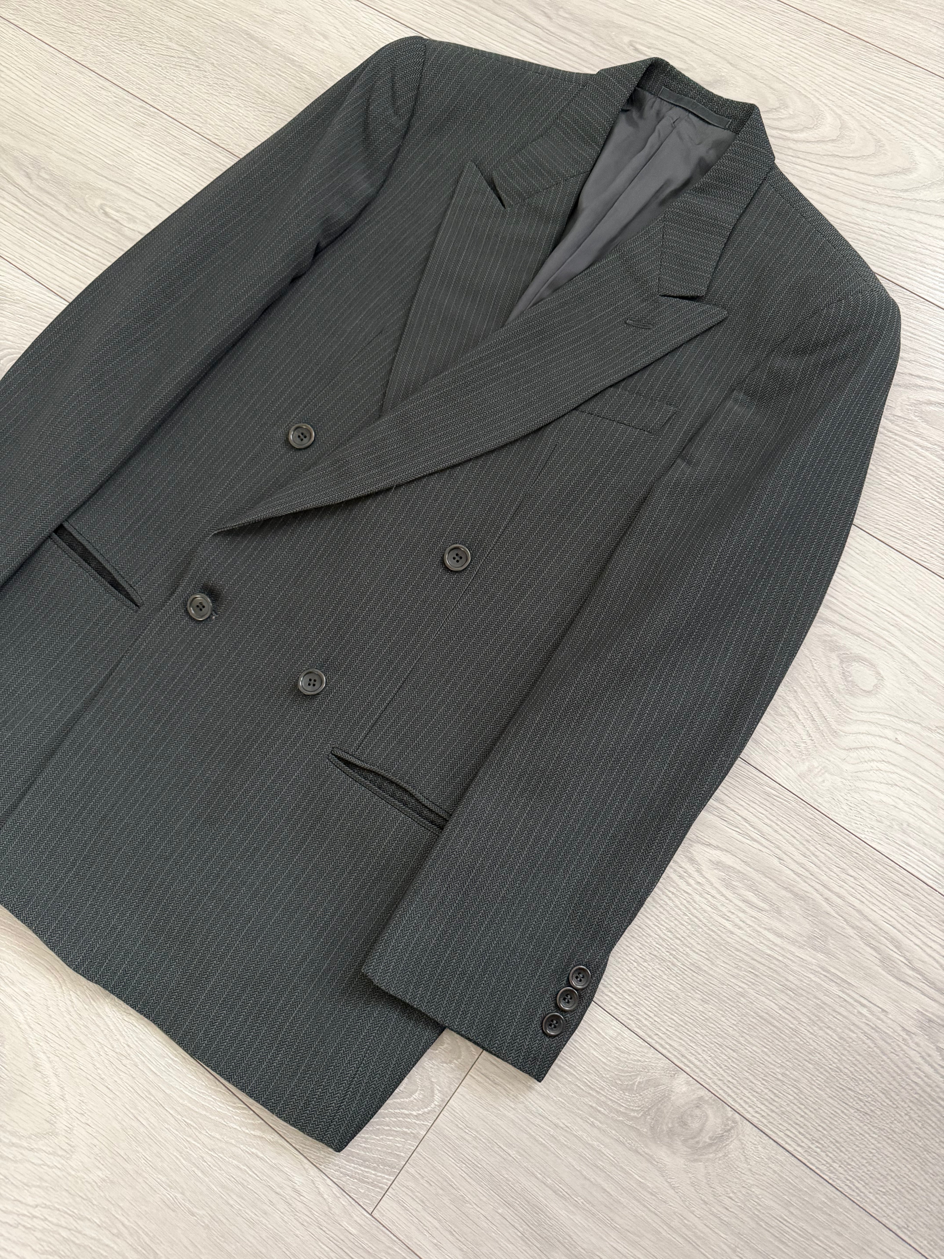 Armani 1990s Peaked Lapel Double Breasted Textured Wool Suit Green Gray - Size M Jacket / 33" Waist