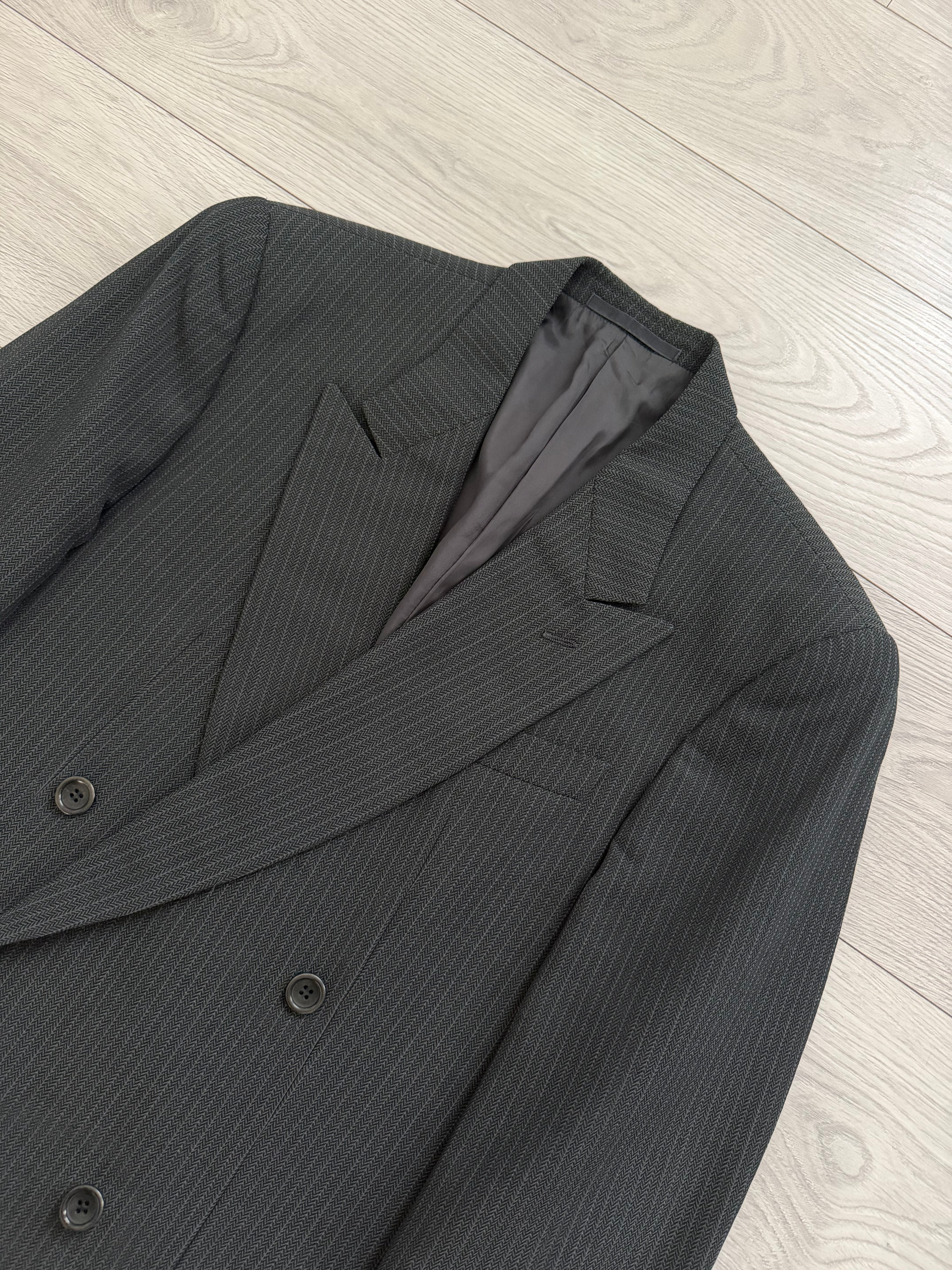 Armani 1990s Peaked Lapel Double Breasted Textured Wool Suit Green Gray - Size M Jacket / 33" Waist