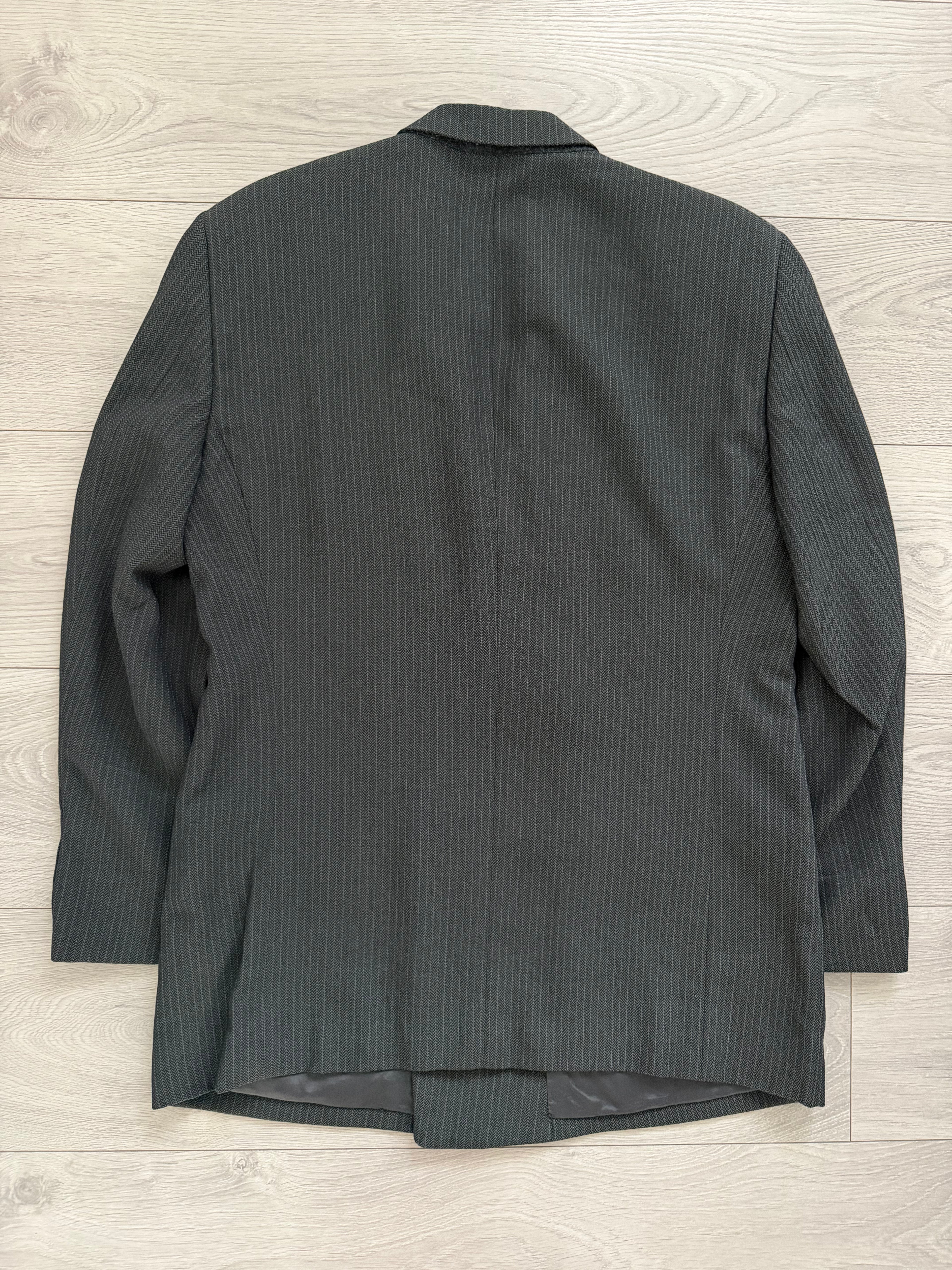 Armani 1990s Peaked Lapel Double Breasted Textured Wool Suit Green Gray - Size M Jacket / 33" Waist