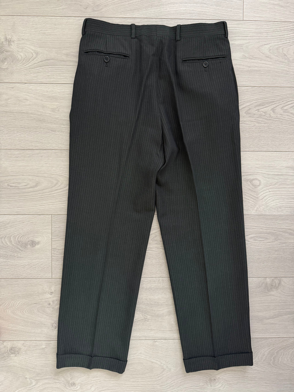 Armani 1990s Peaked Lapel Double Breasted Textured Wool Suit Green Gray - Size M Jacket / 33" Waist