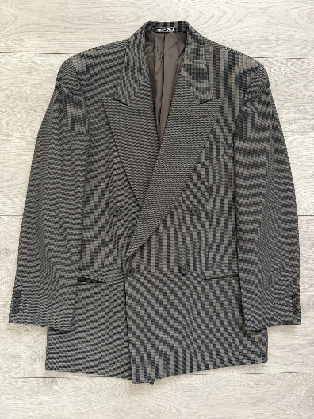 Giorgio Armani 1980s Peaked Lapel Double Breasted Textured Wool Suit Taupe Espresso Grey - Size M Jacket / 30" Waist
