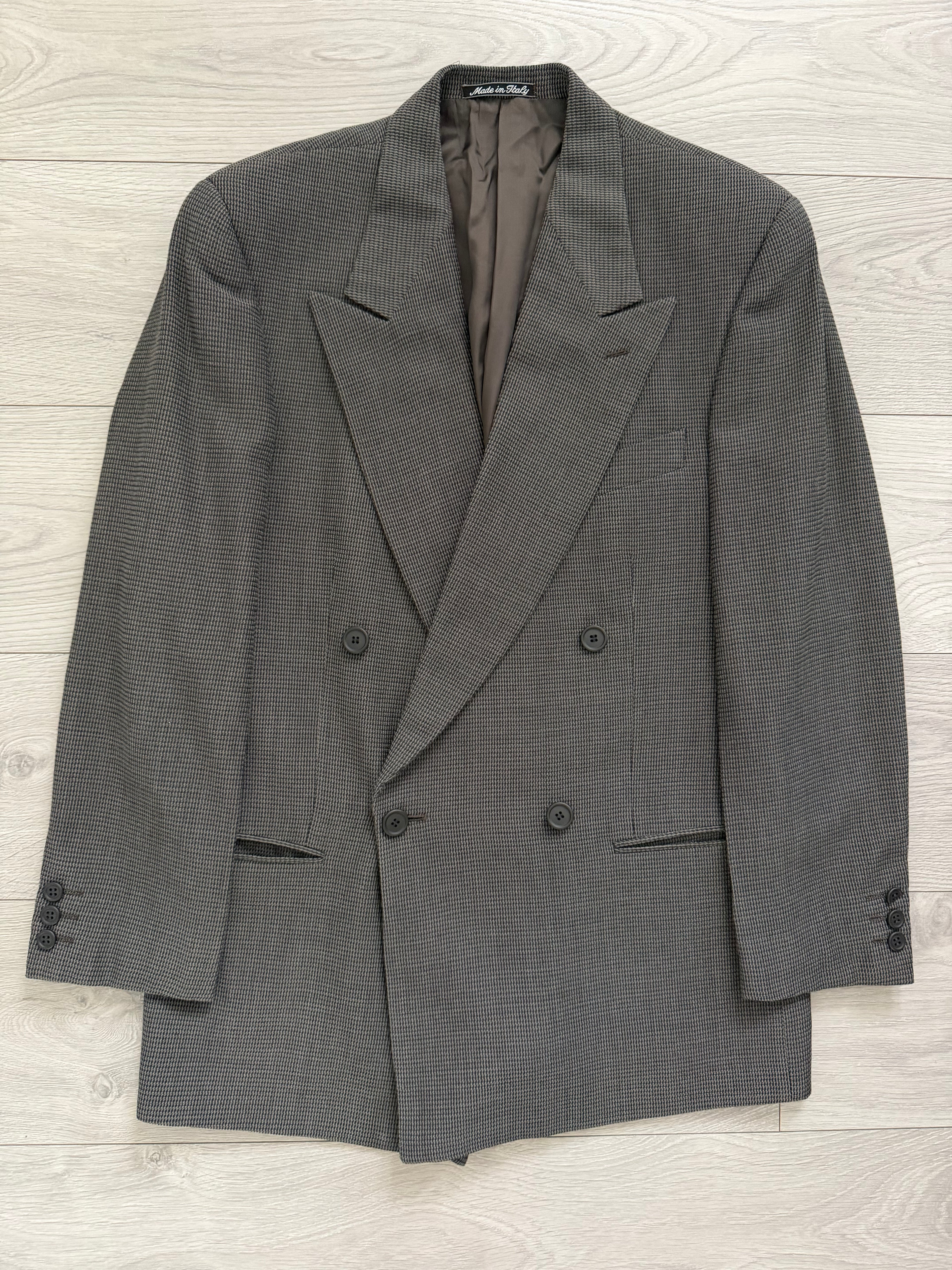 Giorgio Armani 1980s Peaked Lapel Double Breasted Textured Wool Suit Taupe Espresso Grey - Size M Jacket / 30" Waist