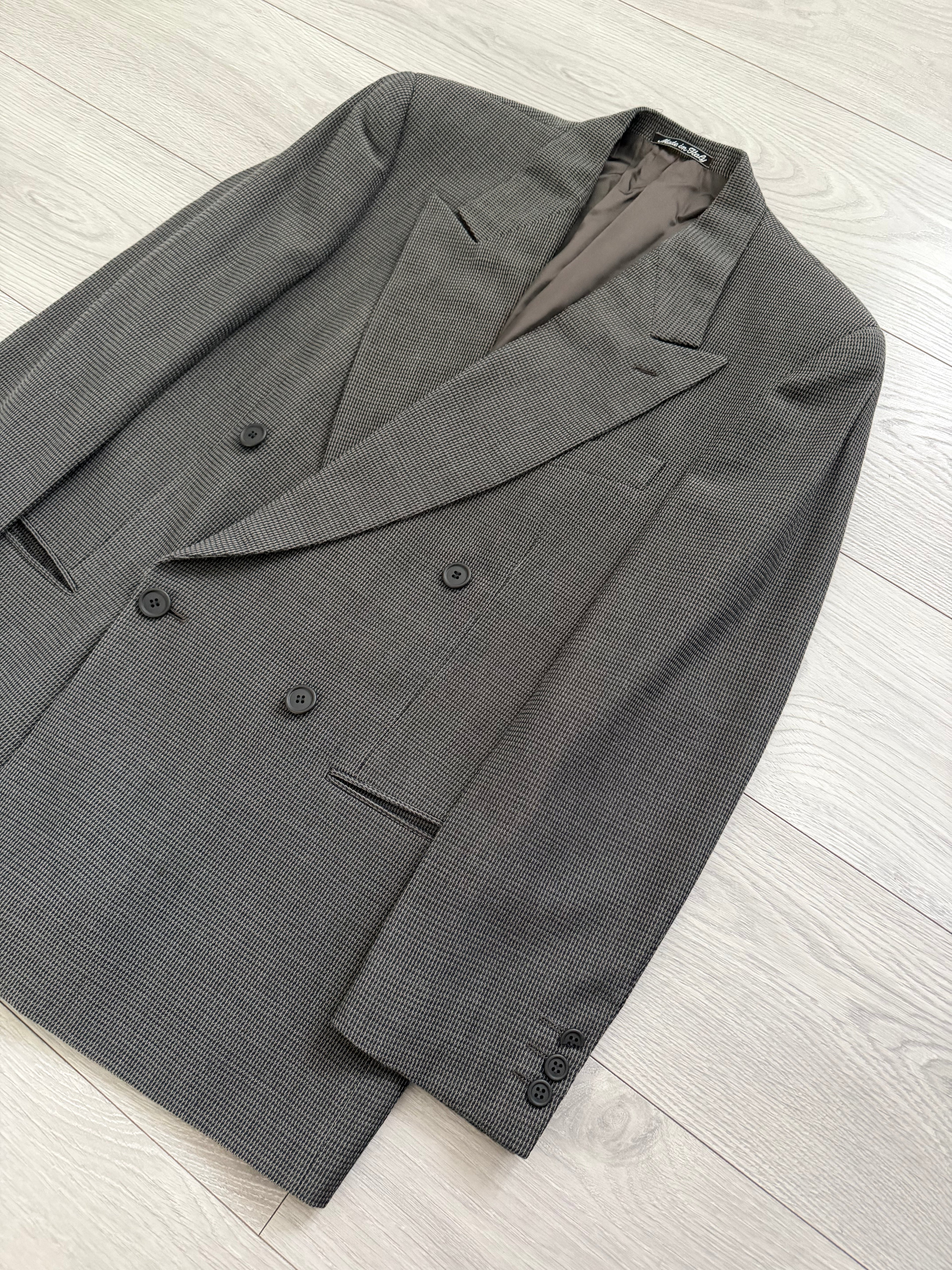 Giorgio Armani 1980s Peaked Lapel Double Breasted Textured Wool Suit Taupe Espresso Grey - Size M Jacket / 30" Waist