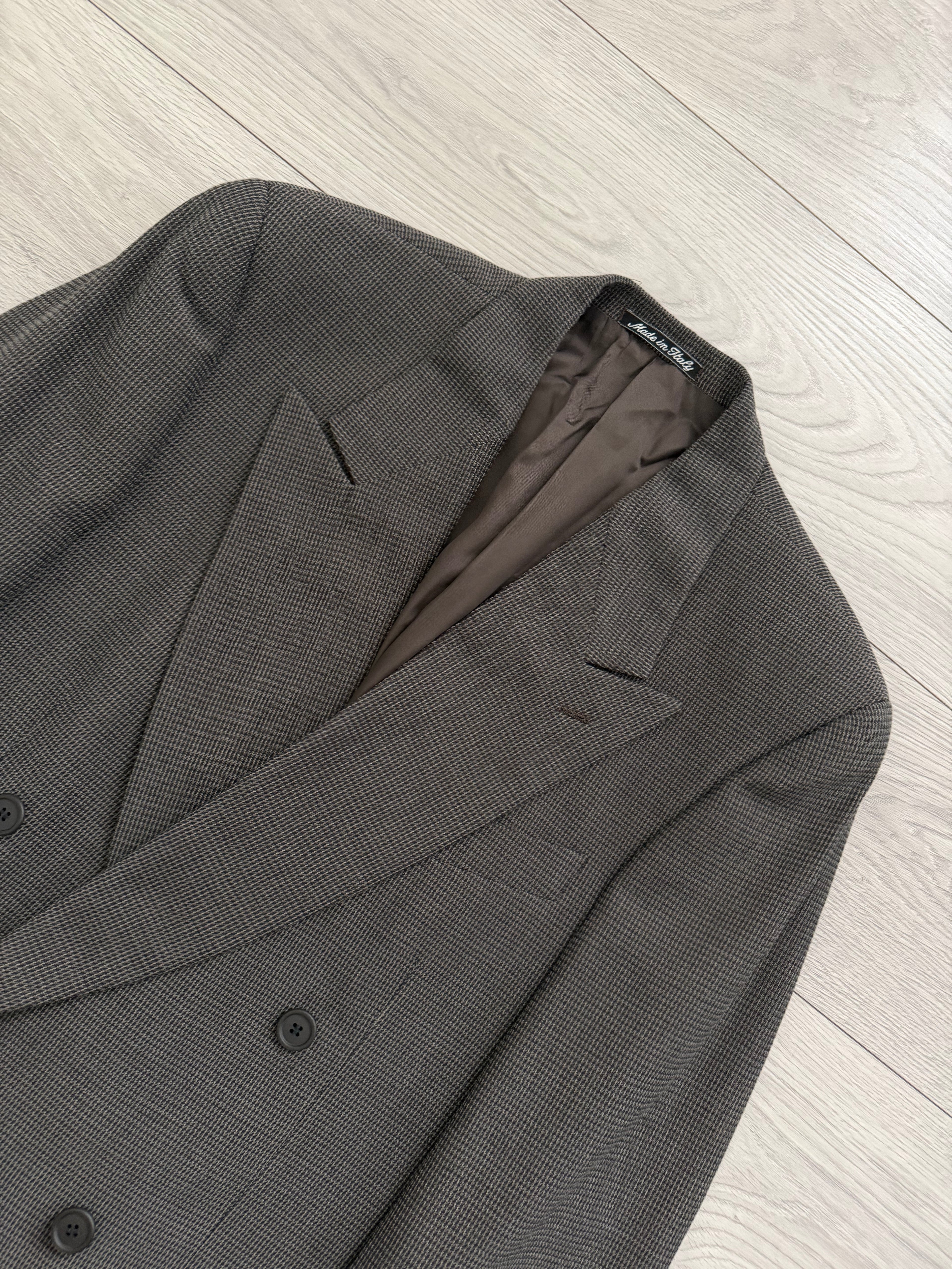 Giorgio Armani 1980s Peaked Lapel Double Breasted Textured Wool Suit Taupe Espresso Grey - Size M Jacket / 30" Waist