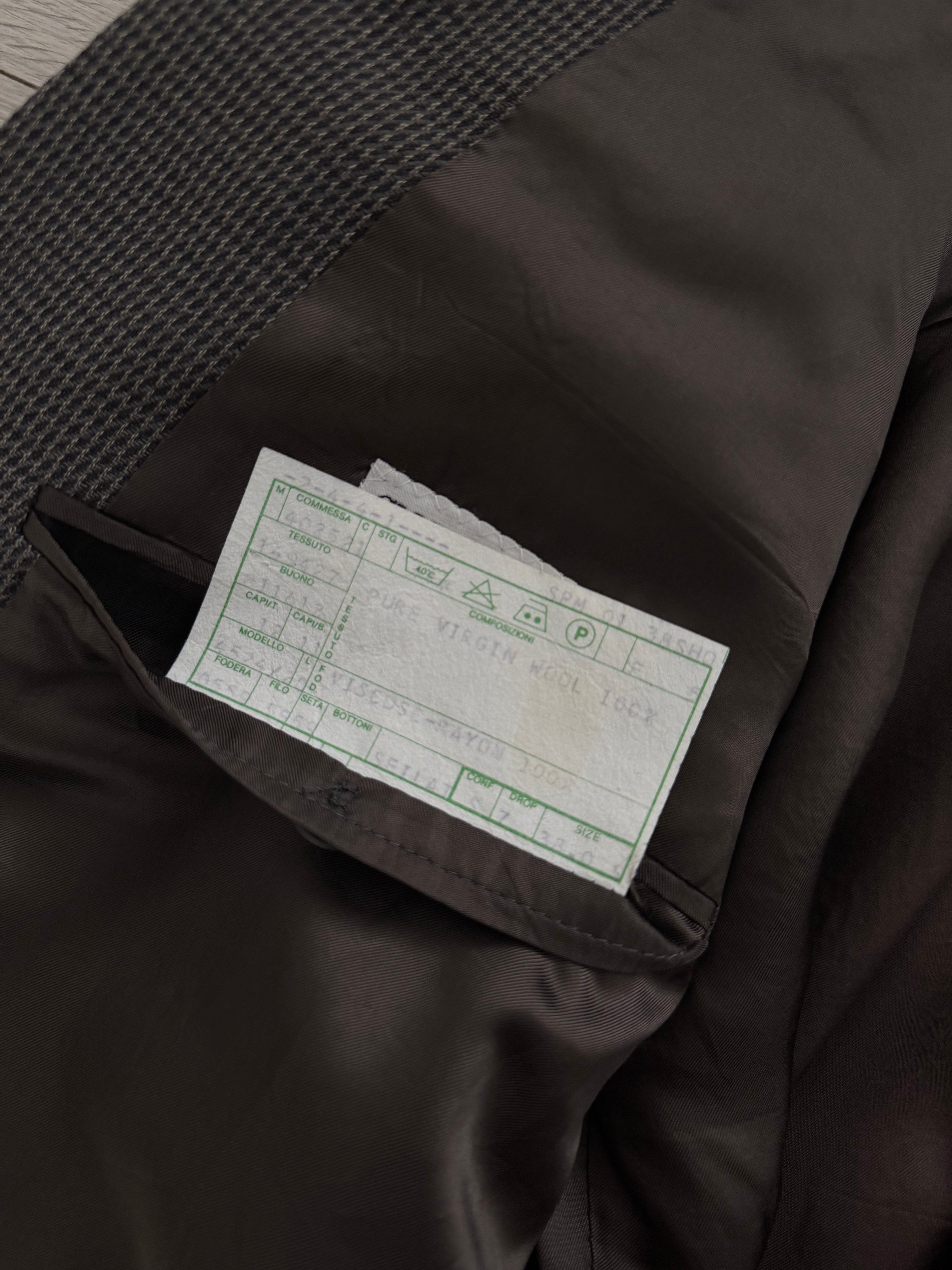 Giorgio Armani 1980s Peaked Lapel Double Breasted Textured Wool Suit Taupe Espresso Grey - Size M Jacket / 30" Waist