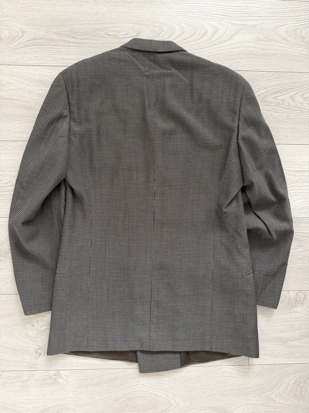 Giorgio Armani 1980s Peaked Lapel Double Breasted Textured Wool Suit Taupe Espresso Grey - Size M Jacket / 30" Waist