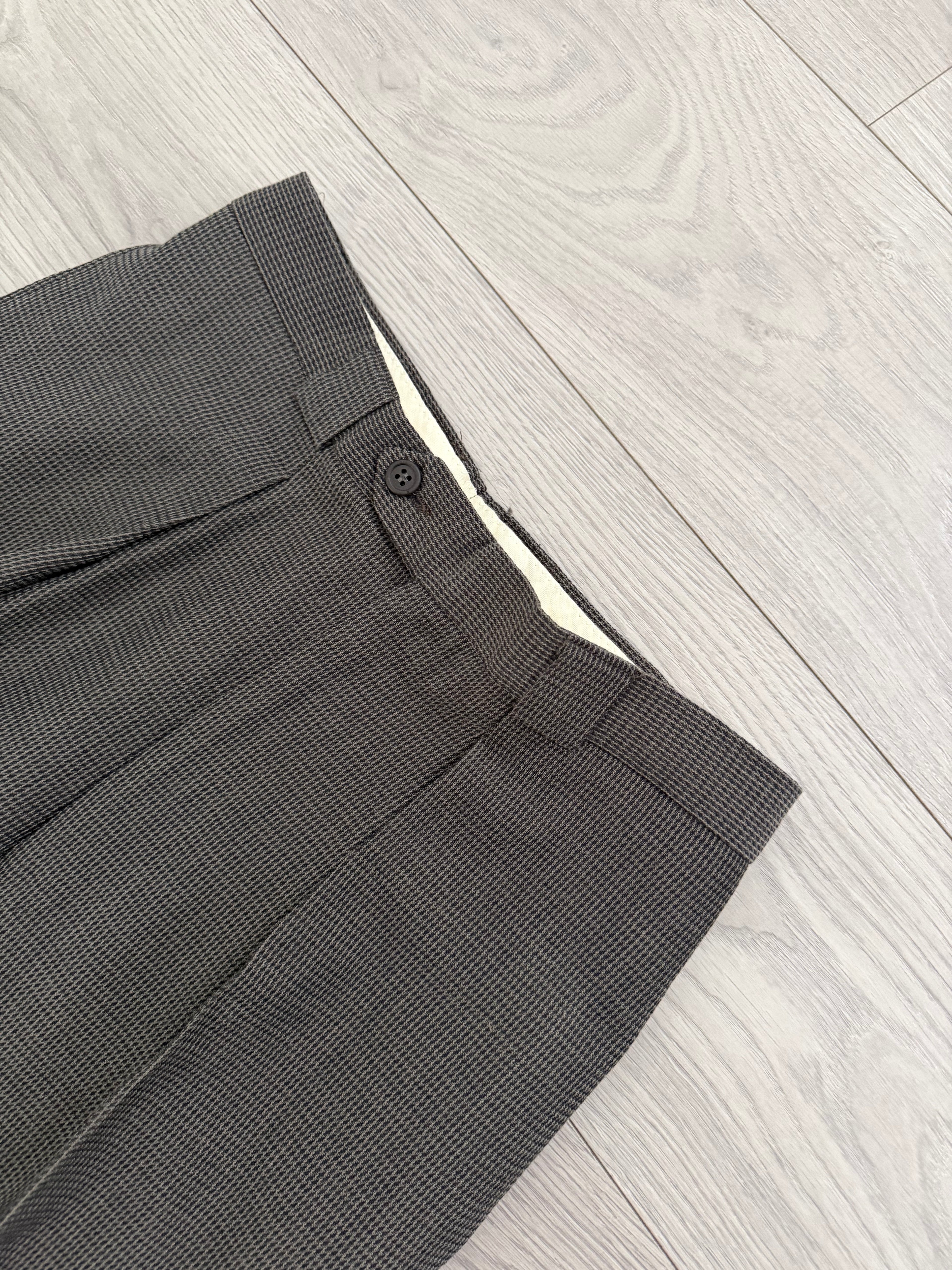 Giorgio Armani 1980s Peaked Lapel Double Breasted Textured Wool Suit Taupe Espresso Grey - Size M Jacket / 30" Waist