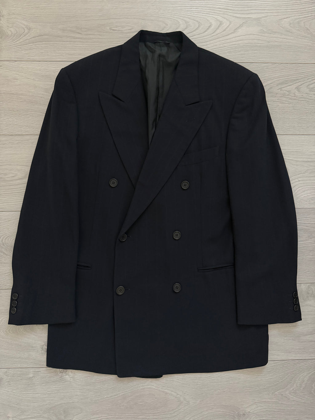 Giorgio Armani Black Label 1990s Peaked Lapel Double Breasted Draped Wool Pleated Suit Navy - Size L Jacket / 34" Waist