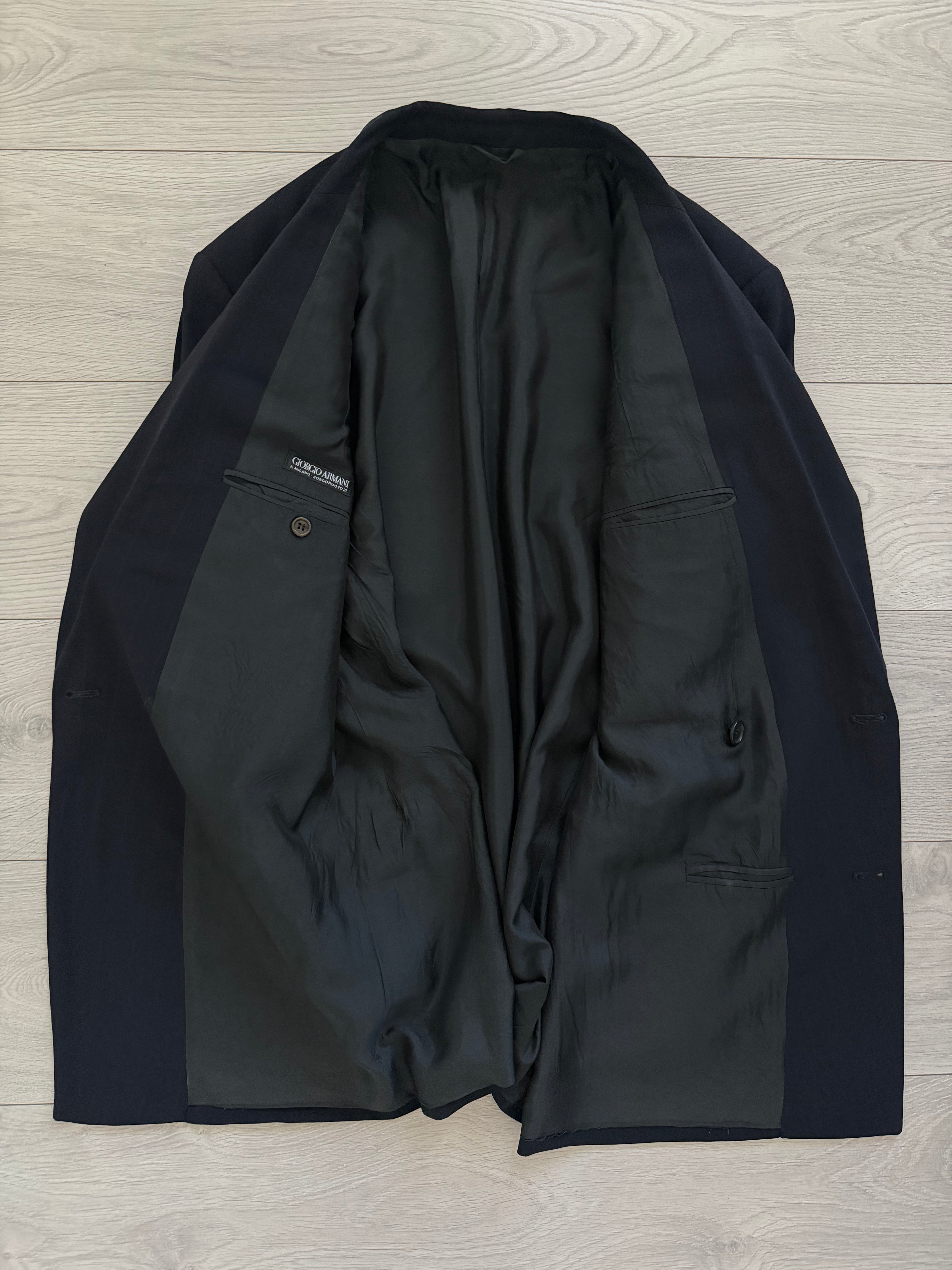 Giorgio Armani Black Label 1990s Peaked Lapel Double Breasted Draped Wool Pleated Suit Navy - Size L Jacket / 34" Waist