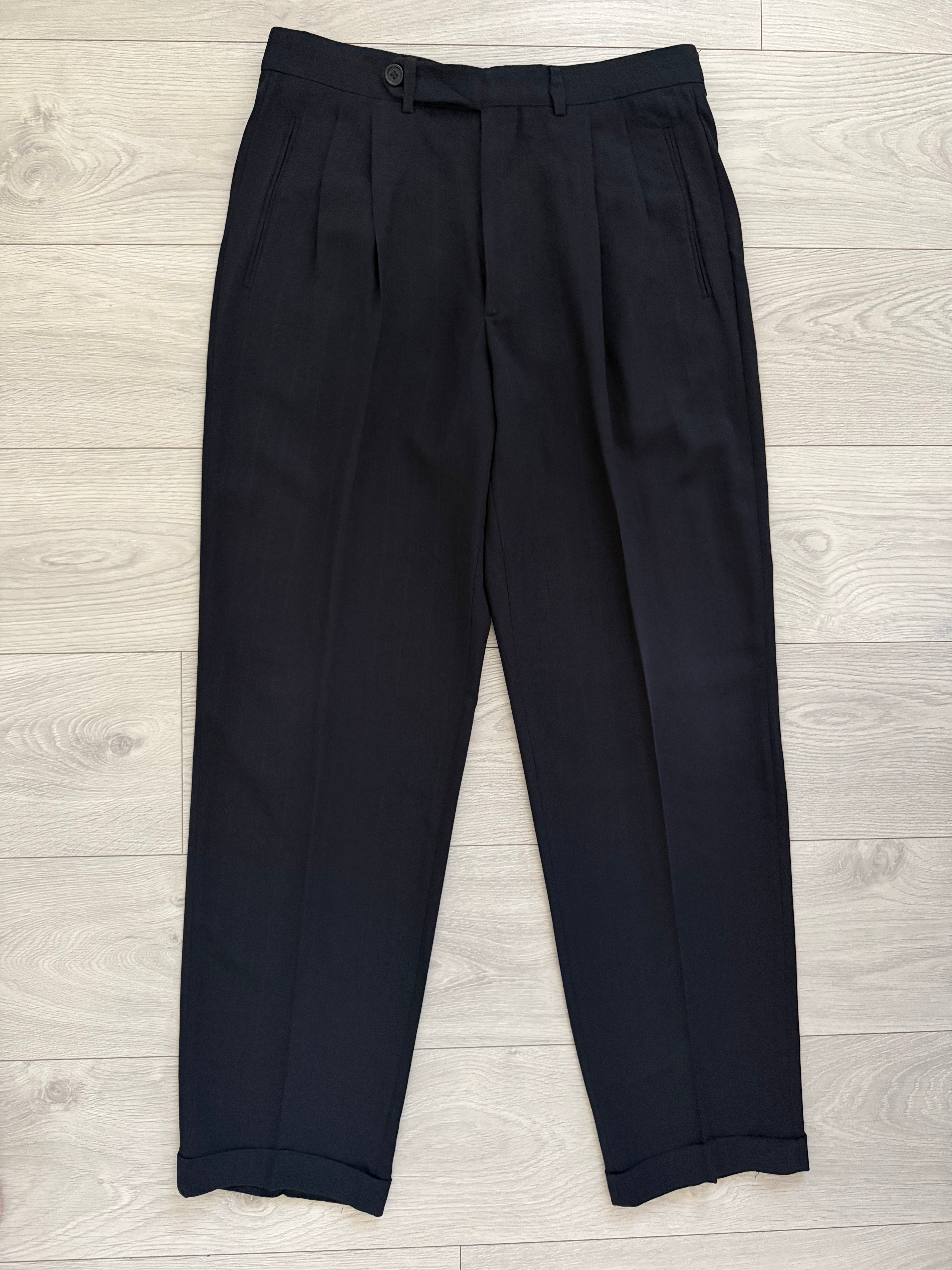 Giorgio Armani Black Label 1990s Peaked Lapel Double Breasted Draped Wool Pleated Suit Navy - Size L Jacket / 34" Waist