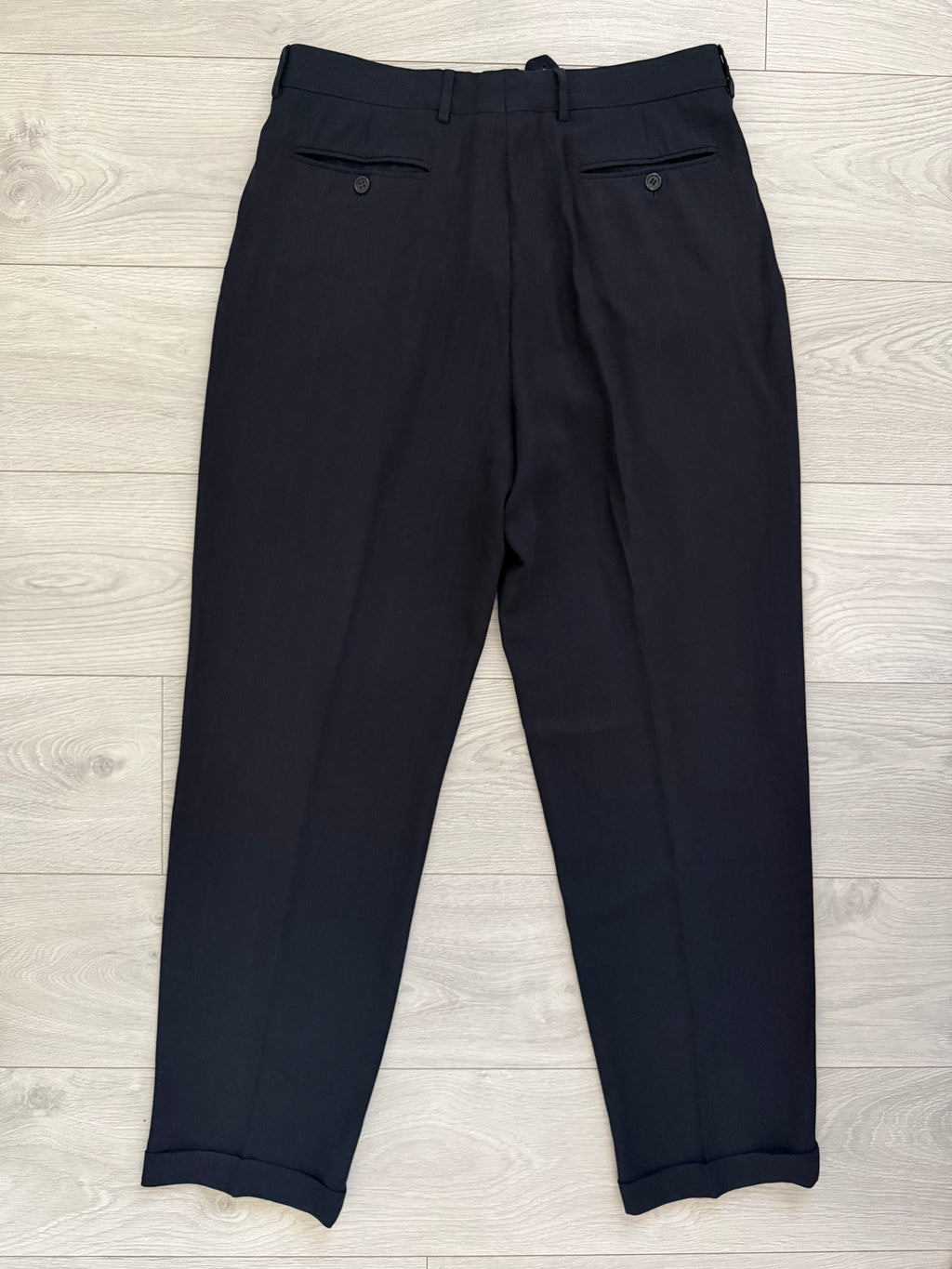 Giorgio Armani Black Label 1990s Peaked Lapel Double Breasted Draped Wool Pleated Suit Navy - Size L Jacket / 34" Waist