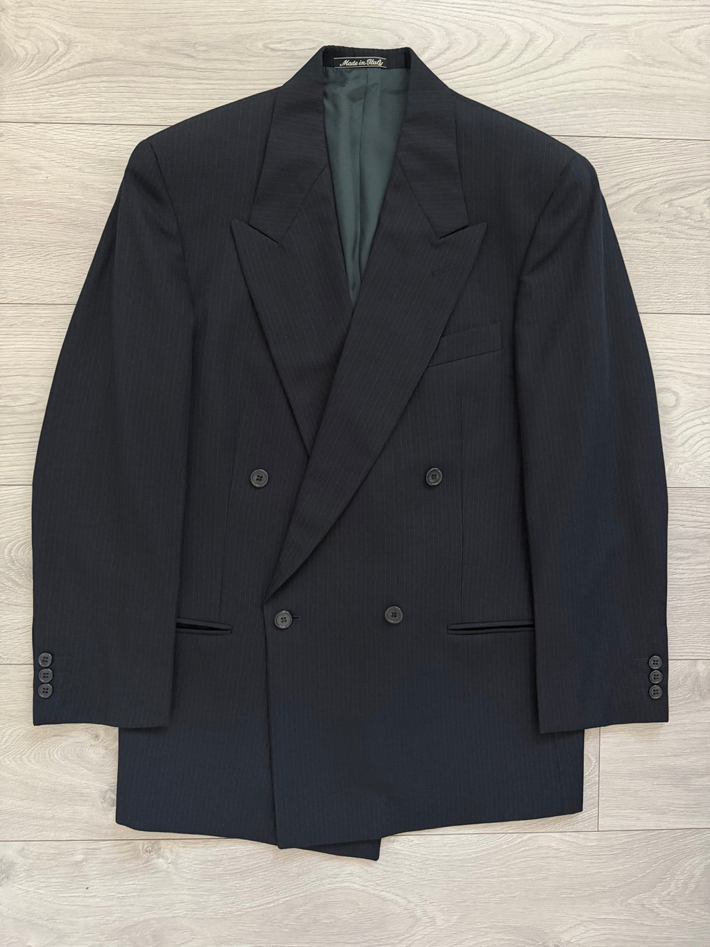 Giorgio Armani 1980s Peaked Lapel Double Breasted Pinstriped Wool Pleated Suit Navy - Size M Jacket / 32" Waist