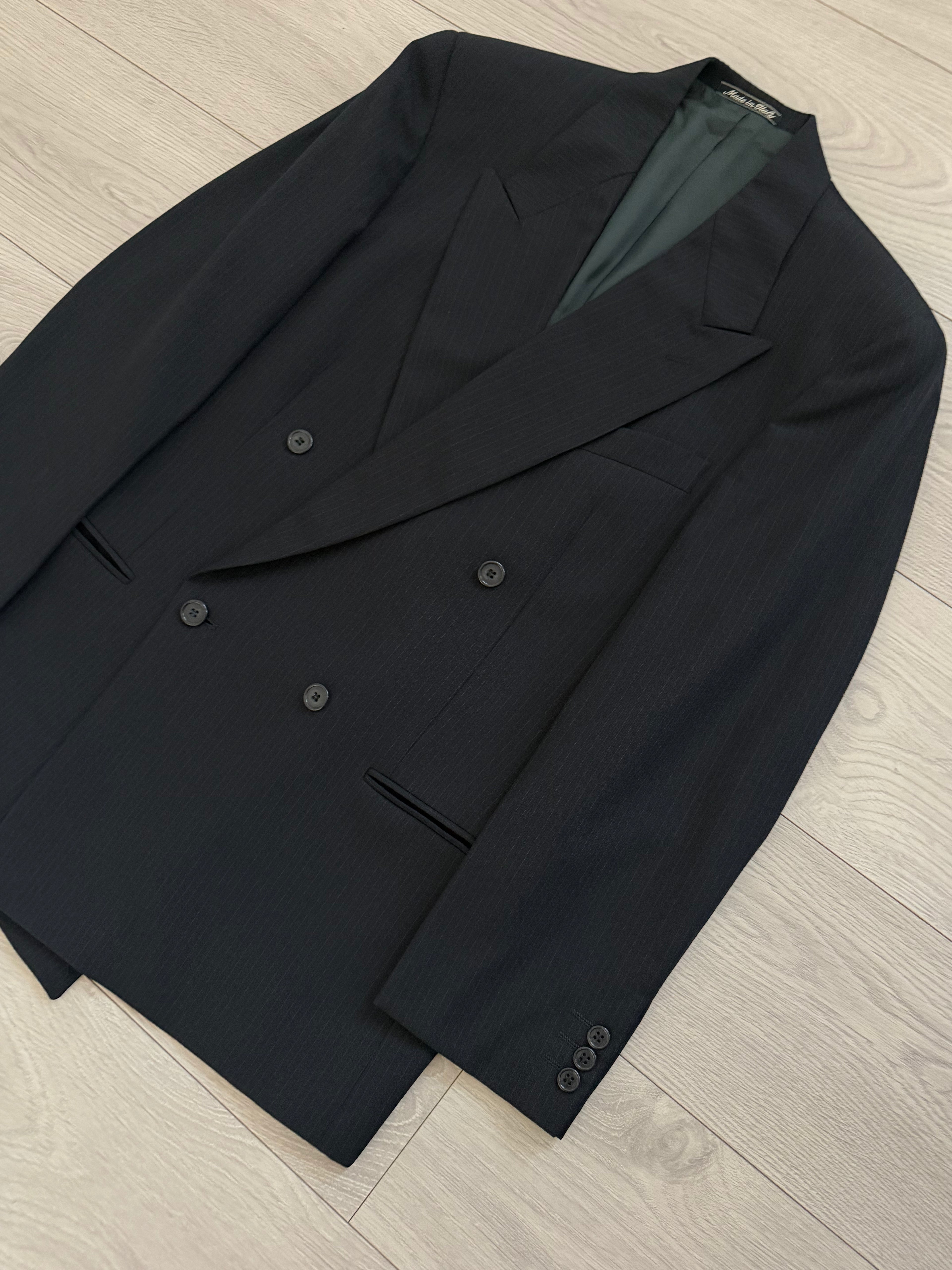 Giorgio Armani 1980s Peaked Lapel Double Breasted Pinstriped Wool Pleated Suit Navy - Size M Jacket / 32" Waist