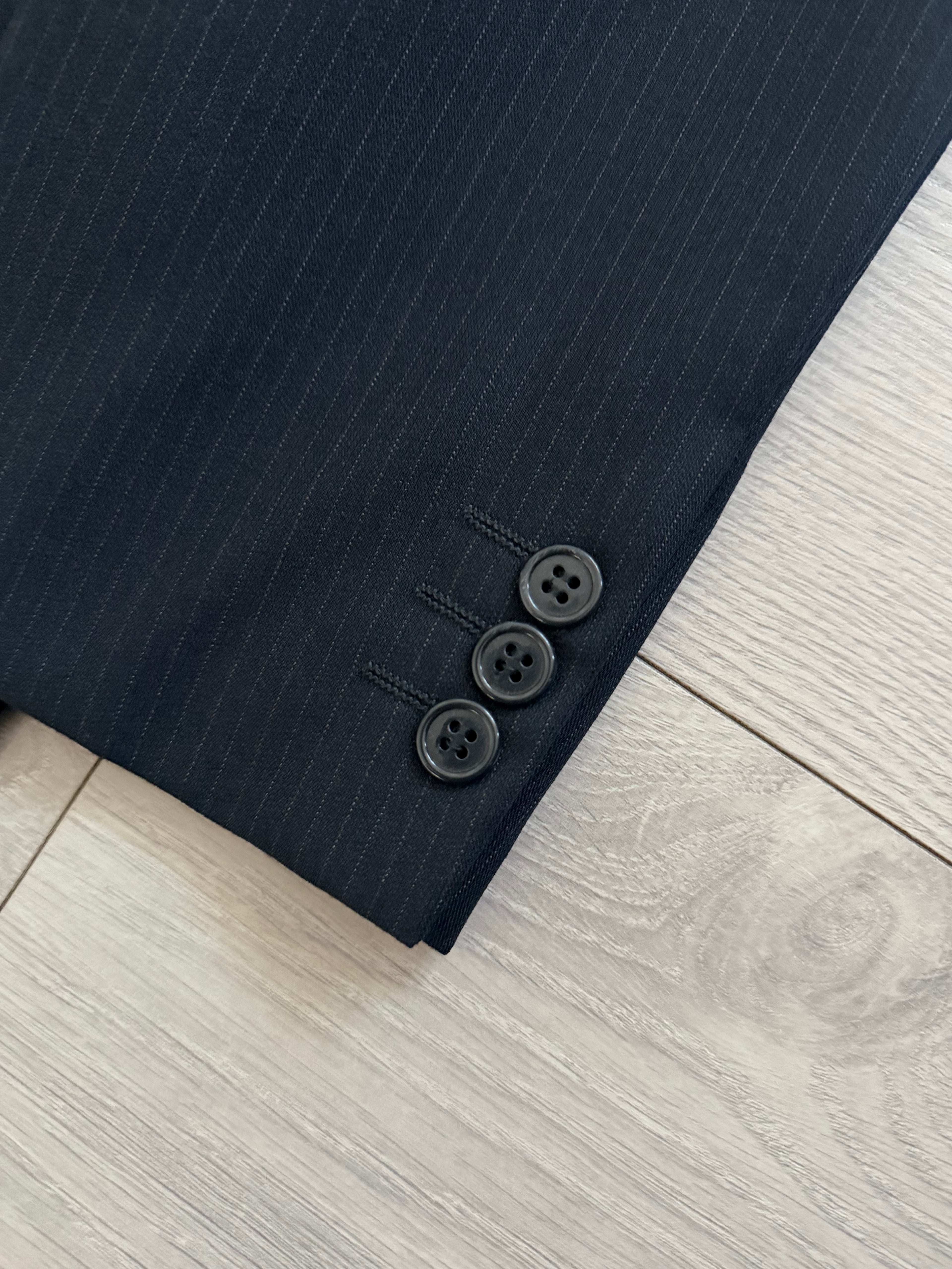 Giorgio Armani 1980s Peaked Lapel Double Breasted Pinstriped Wool Pleated Suit Navy - Size M Jacket / 32" Waist