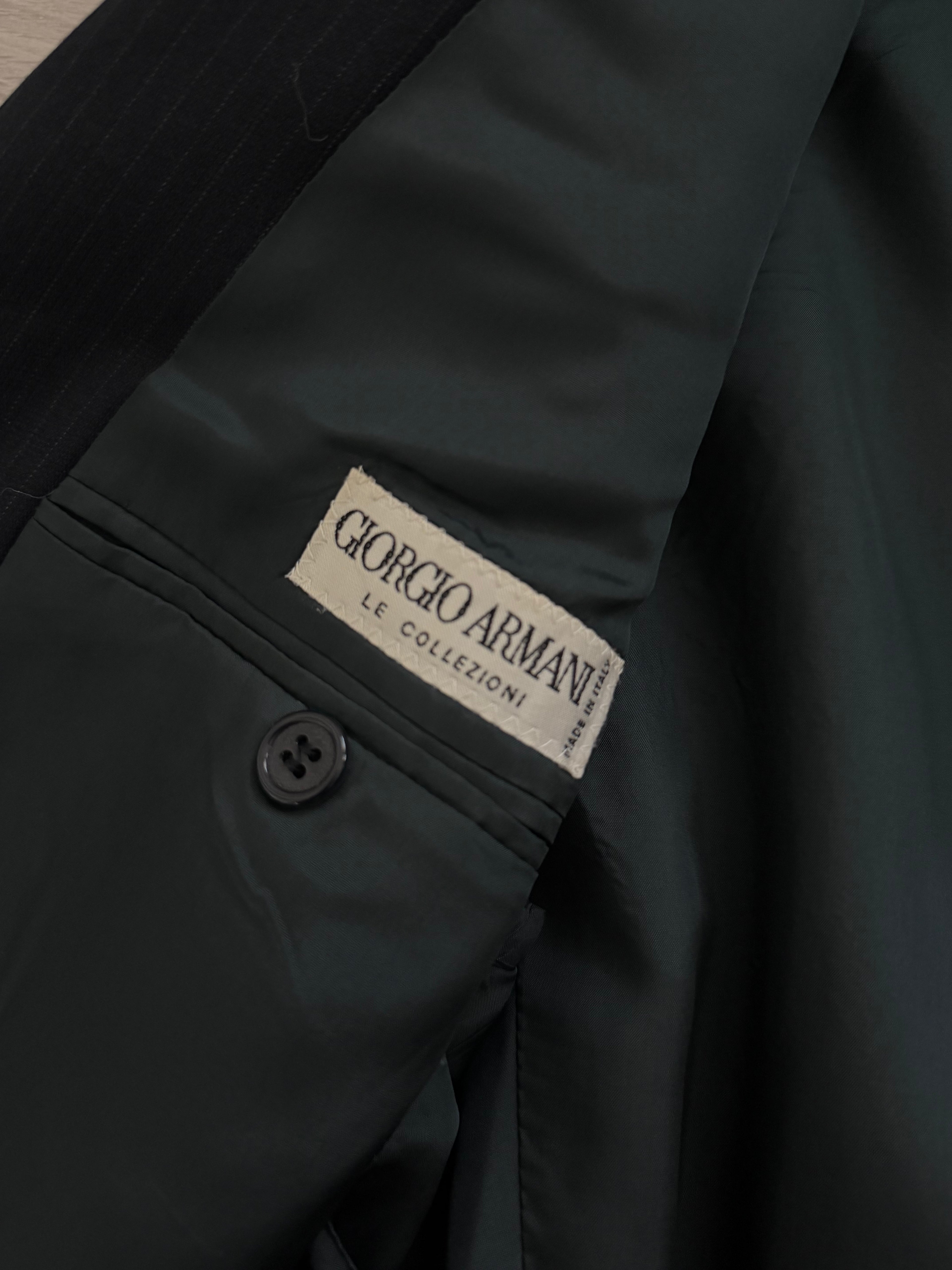 Giorgio Armani 1980s Peaked Lapel Double Breasted Pinstriped Wool Pleated Suit Navy - Size M Jacket / 32" Waist