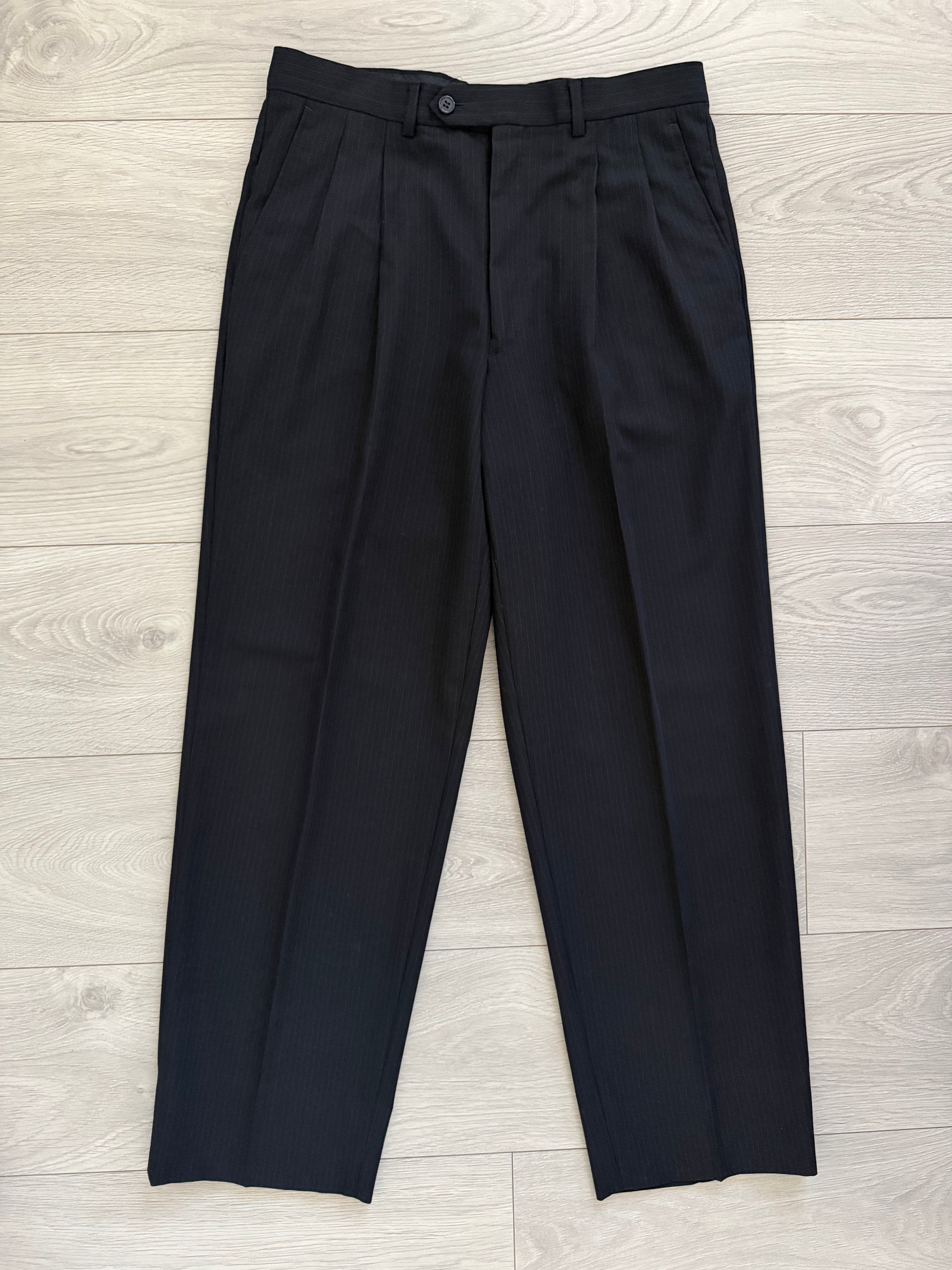 Giorgio Armani 1980s Peaked Lapel Double Breasted Pinstriped Wool Pleated Suit Navy - Size M Jacket / 32" Waist
