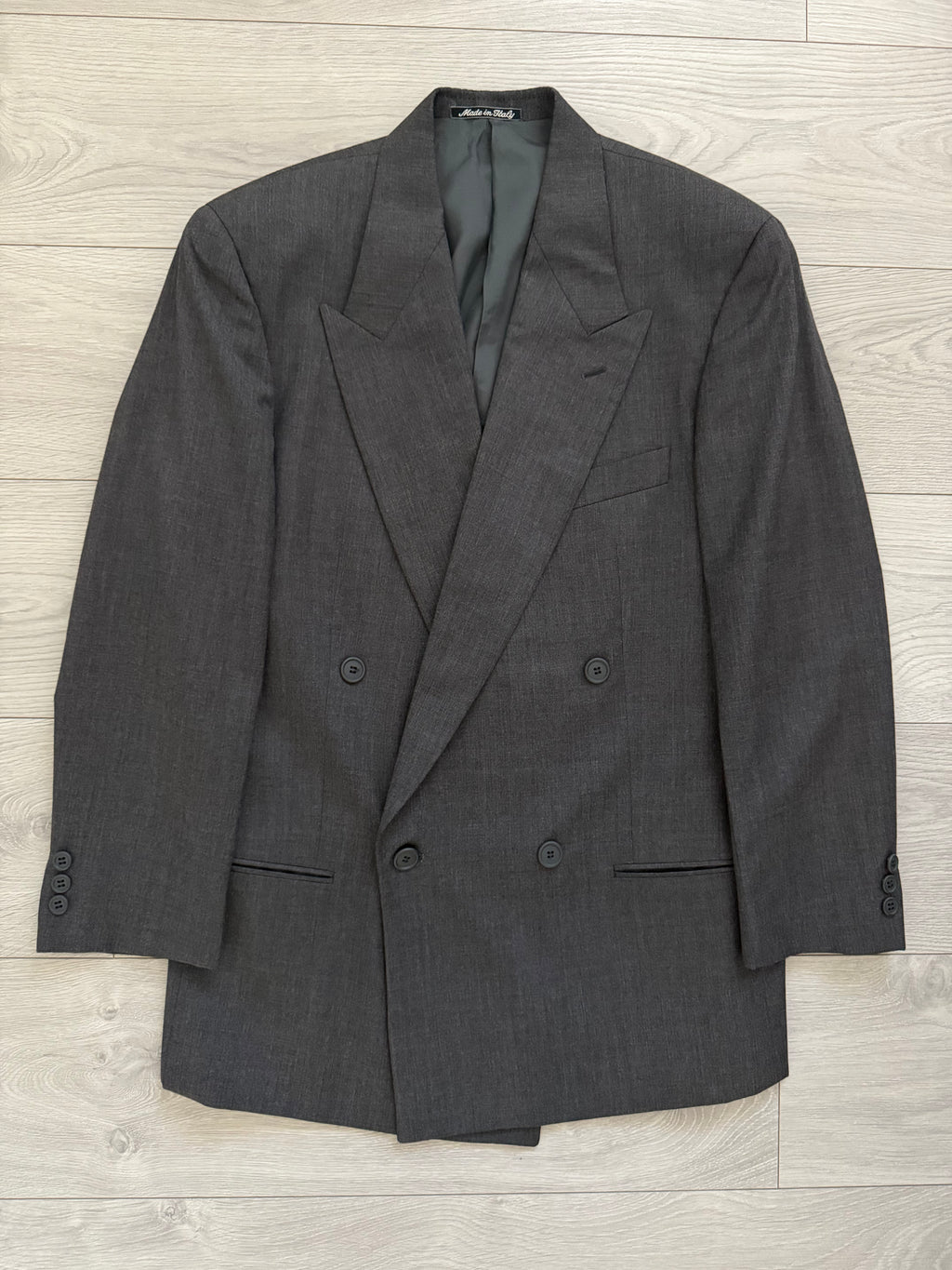 Giorgio Armani 1980s Peaked Lapel Double Breasted Wool Pleated Suit Grey - Size M Jacket / 32" Waist
