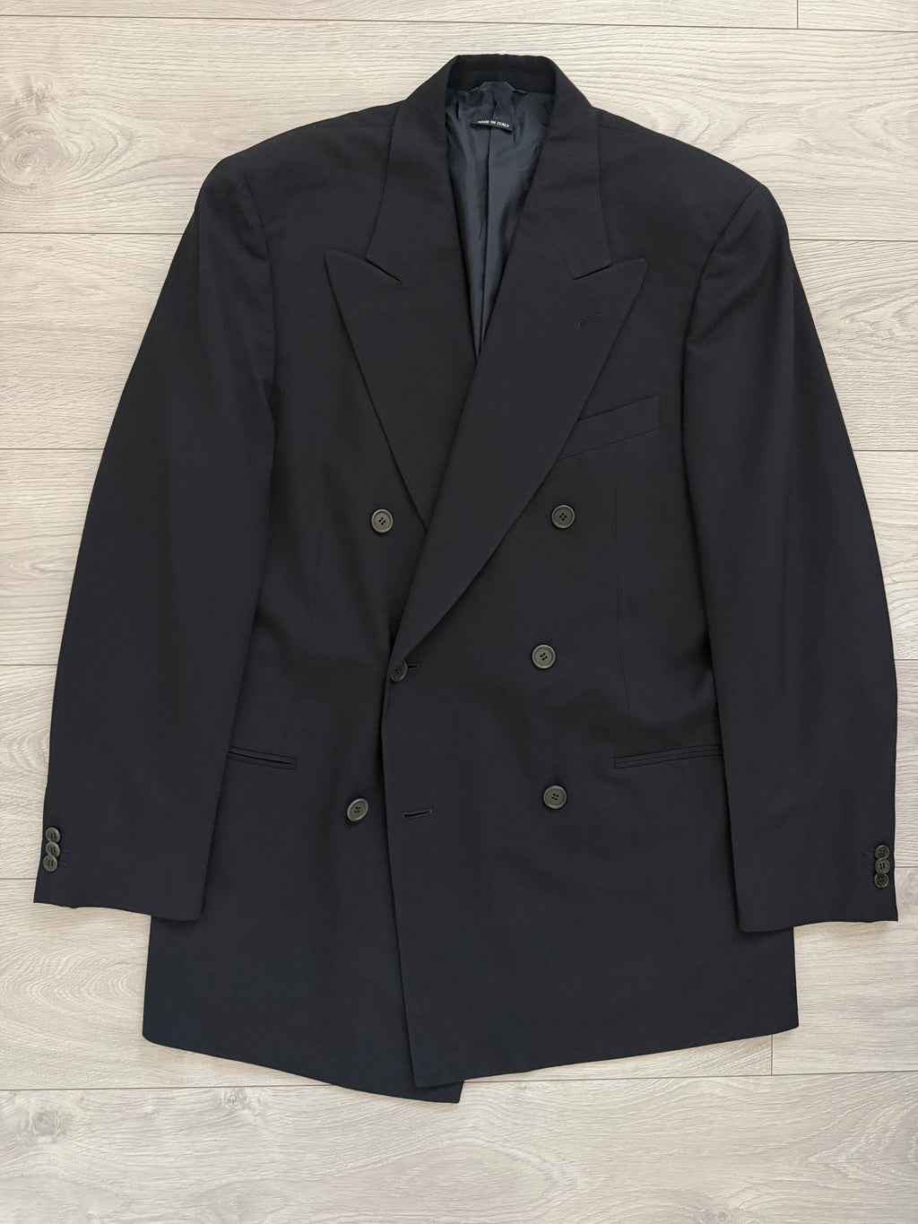 Giorgio Armani Black Label 1990s Peaked Lapel Double Breasted Draped Wool Pleated Suit Navy - Size XL Jacket / 36" Waist