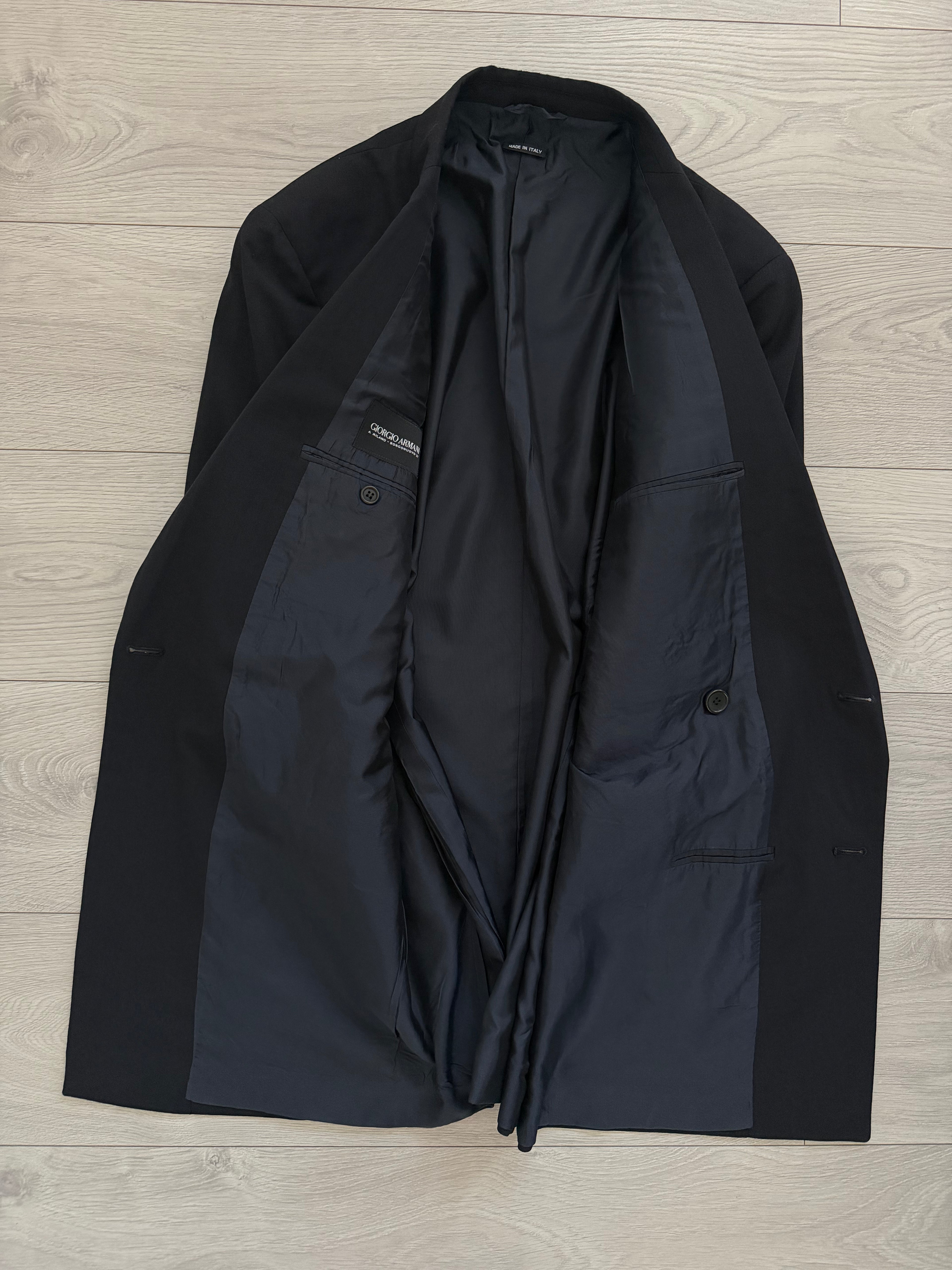 Giorgio Armani Black Label 1990s Peaked Lapel Double Breasted Draped Wool Pleated Suit Navy - Size XL Jacket / 36" Waist