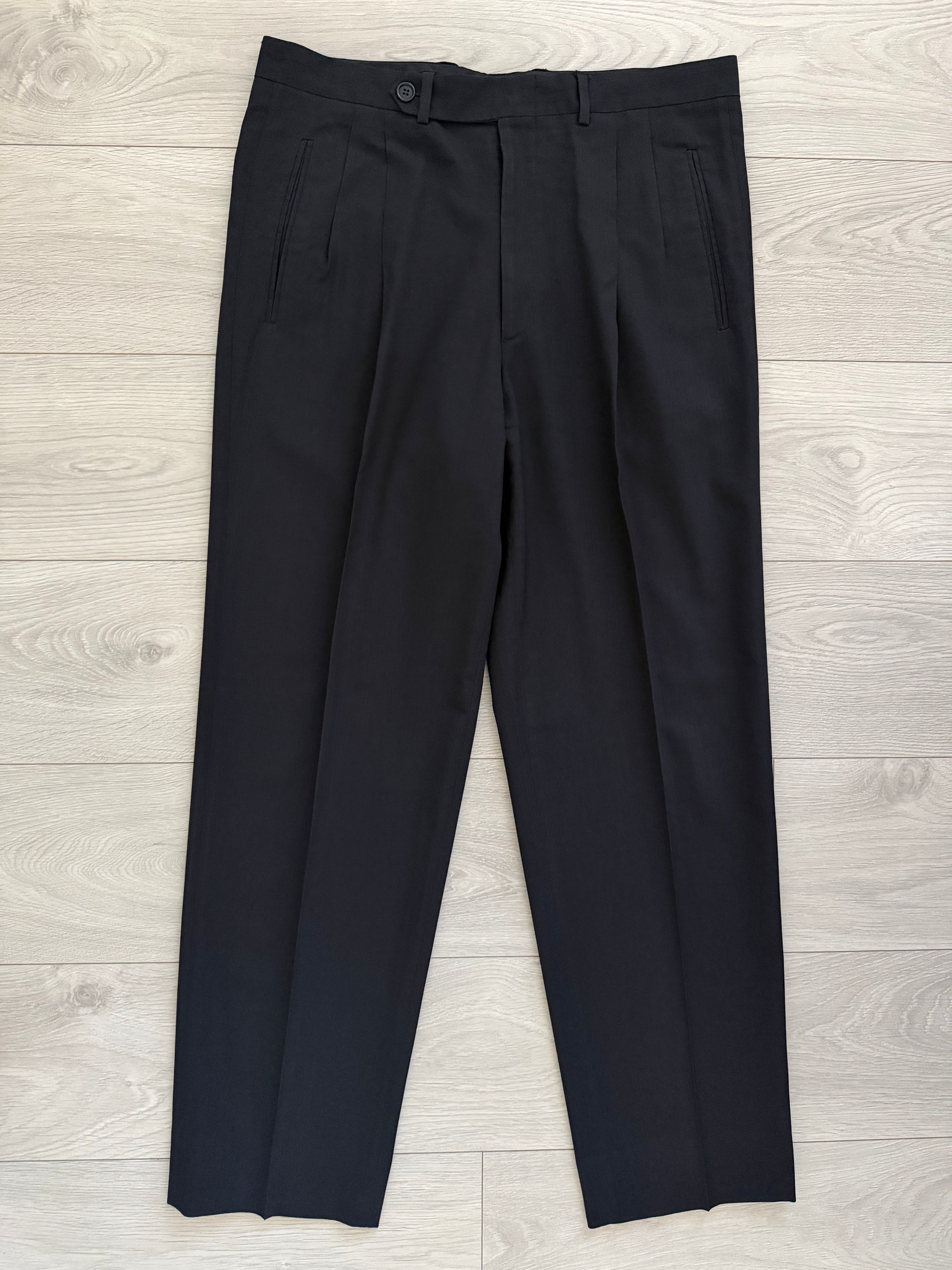 Giorgio Armani Black Label 1990s Peaked Lapel Double Breasted Draped Wool Pleated Suit Navy - Size XL Jacket / 36" Waist