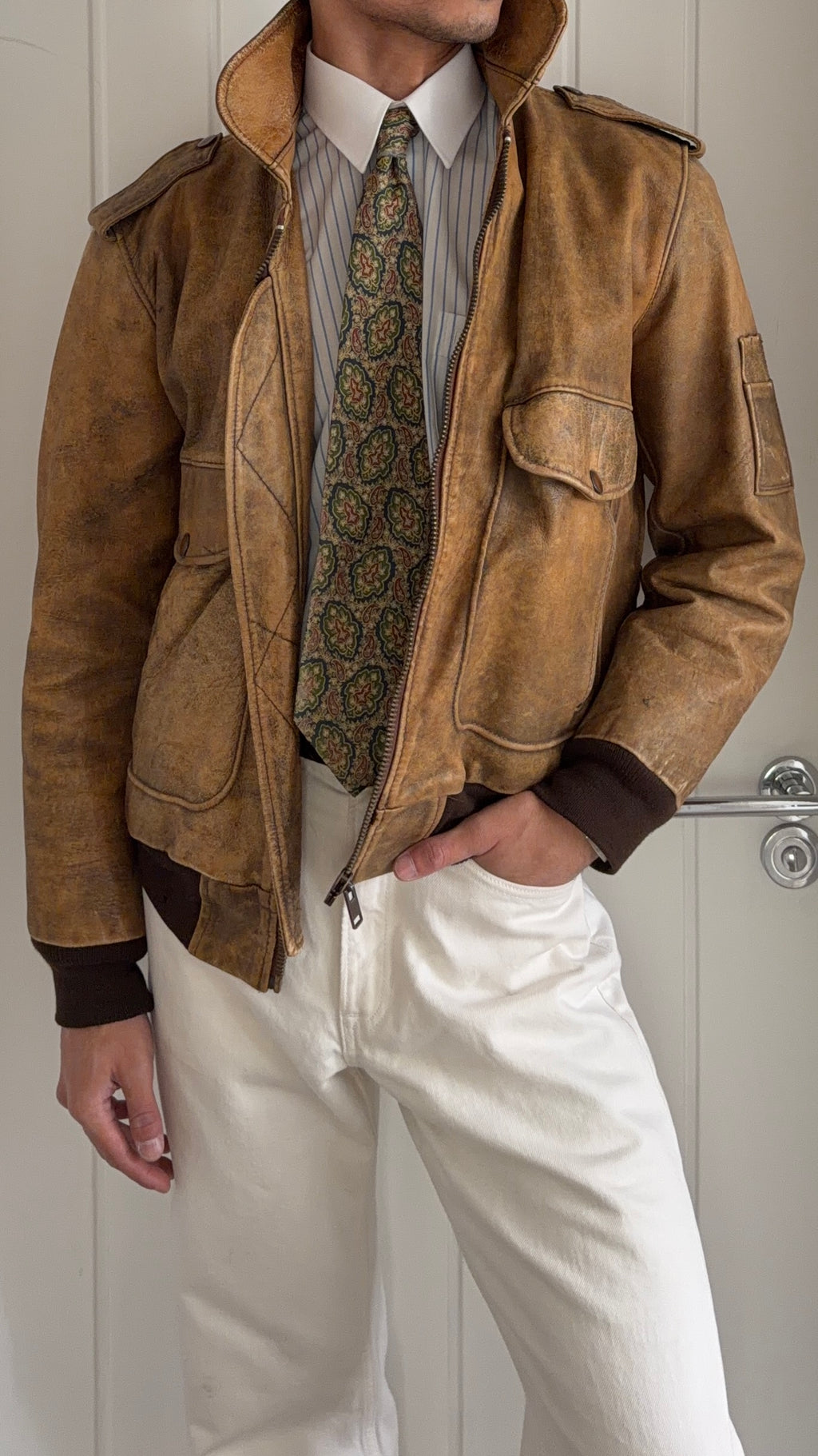 1990s Vintage Distressed Leather MA-1 Bomber Jacket  - Size S