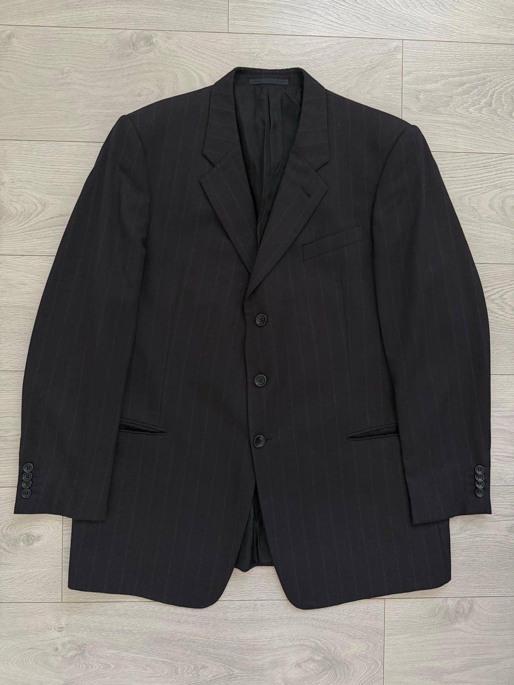 Armani 1990s 3B Black Wool Striped Suit - Size XXL Jacket / 40" Waist