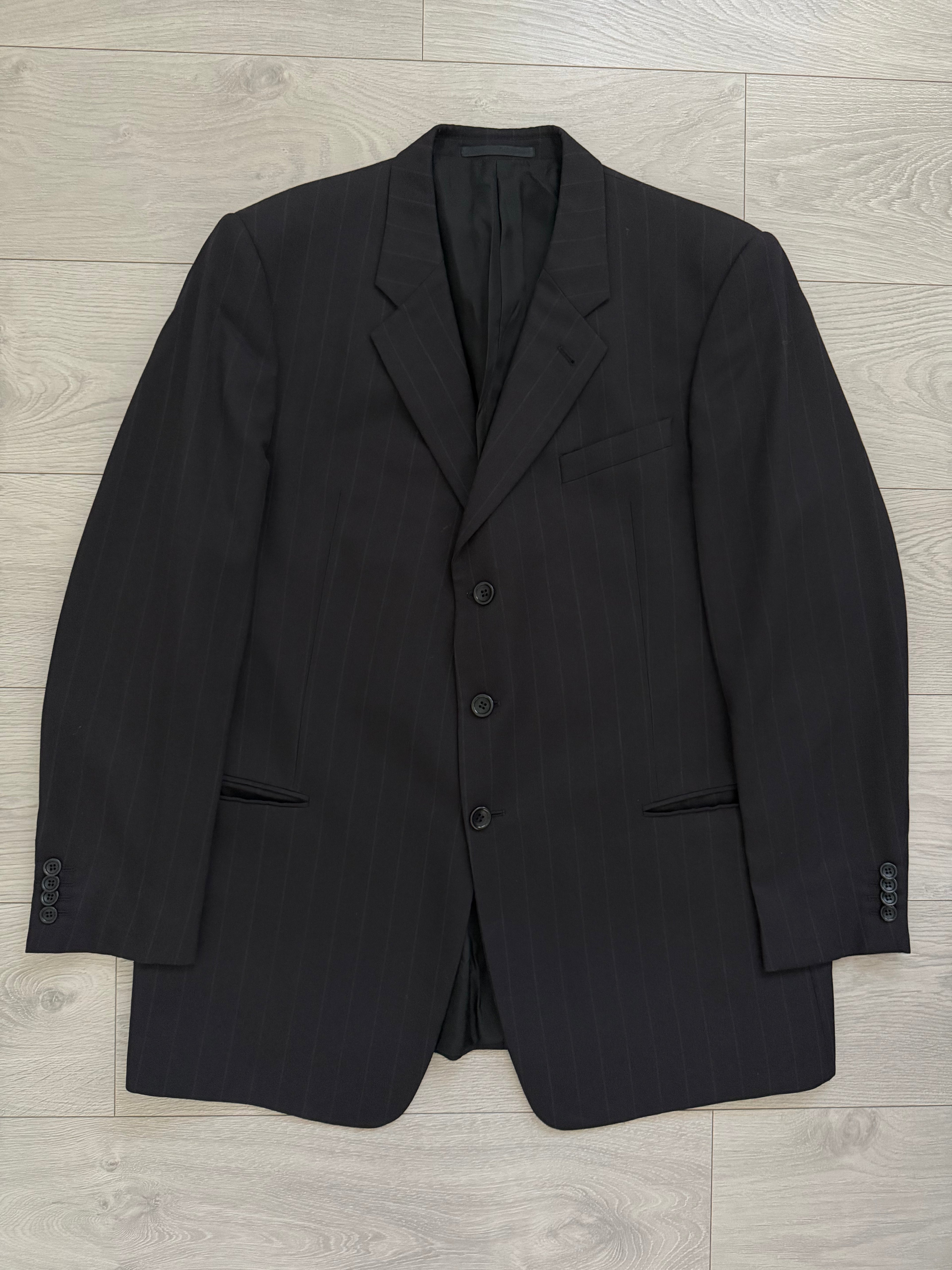 Armani 1990s 3B Black Wool Striped Suit - Size XXL Jacket / 40" Waist