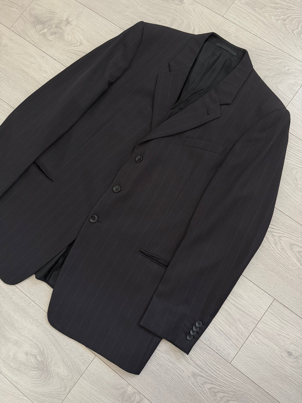 Armani 1990s 3B Black Wool Striped Suit - Size XXL Jacket / 40" Waist