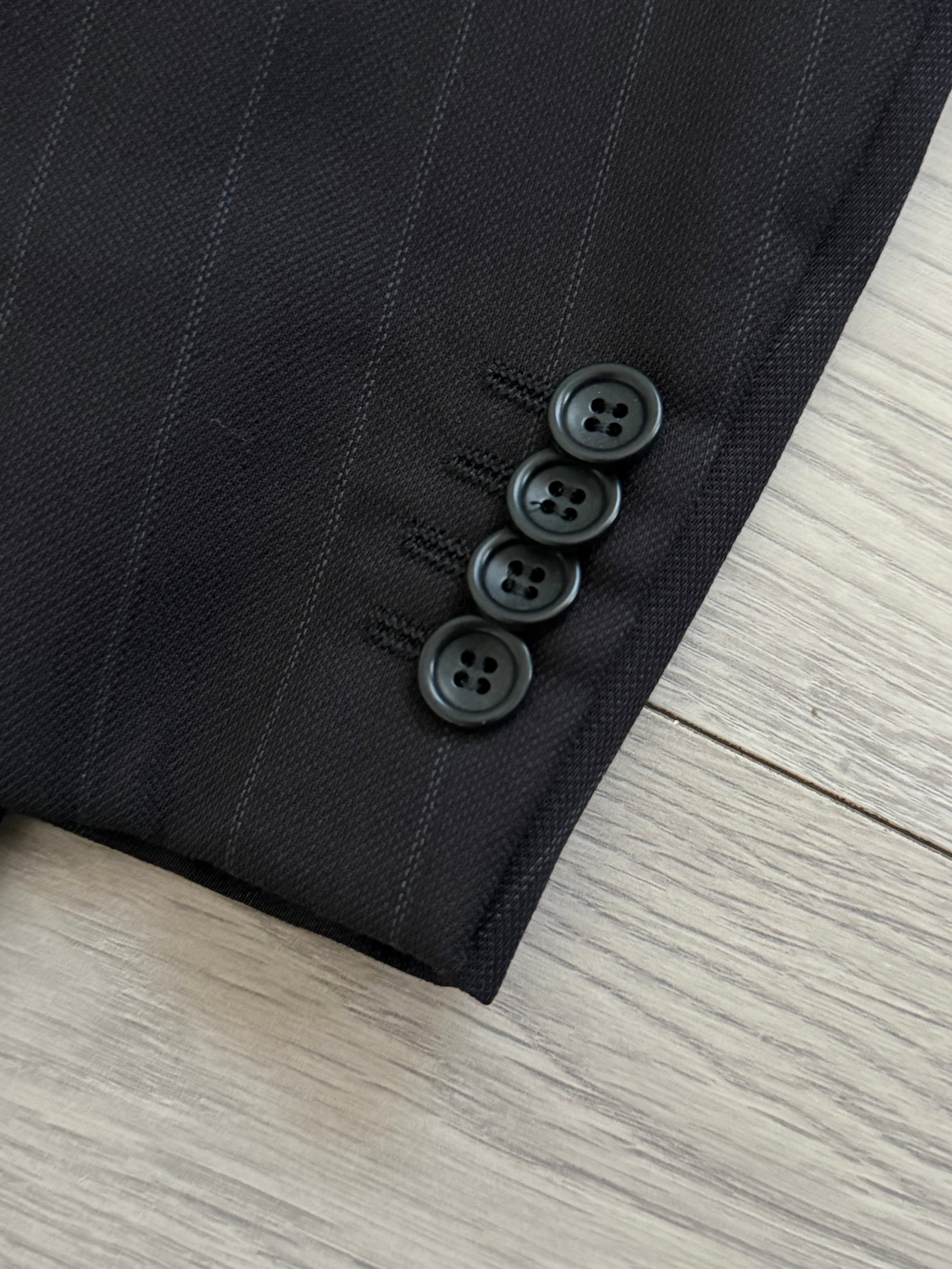 Armani 1990s 3B Black Wool Striped Suit - Size XXL Jacket / 40" Waist