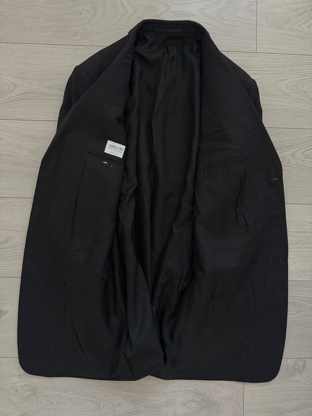 Armani 1990s 3B Black Wool Striped Suit - Size XXL Jacket / 40" Waist