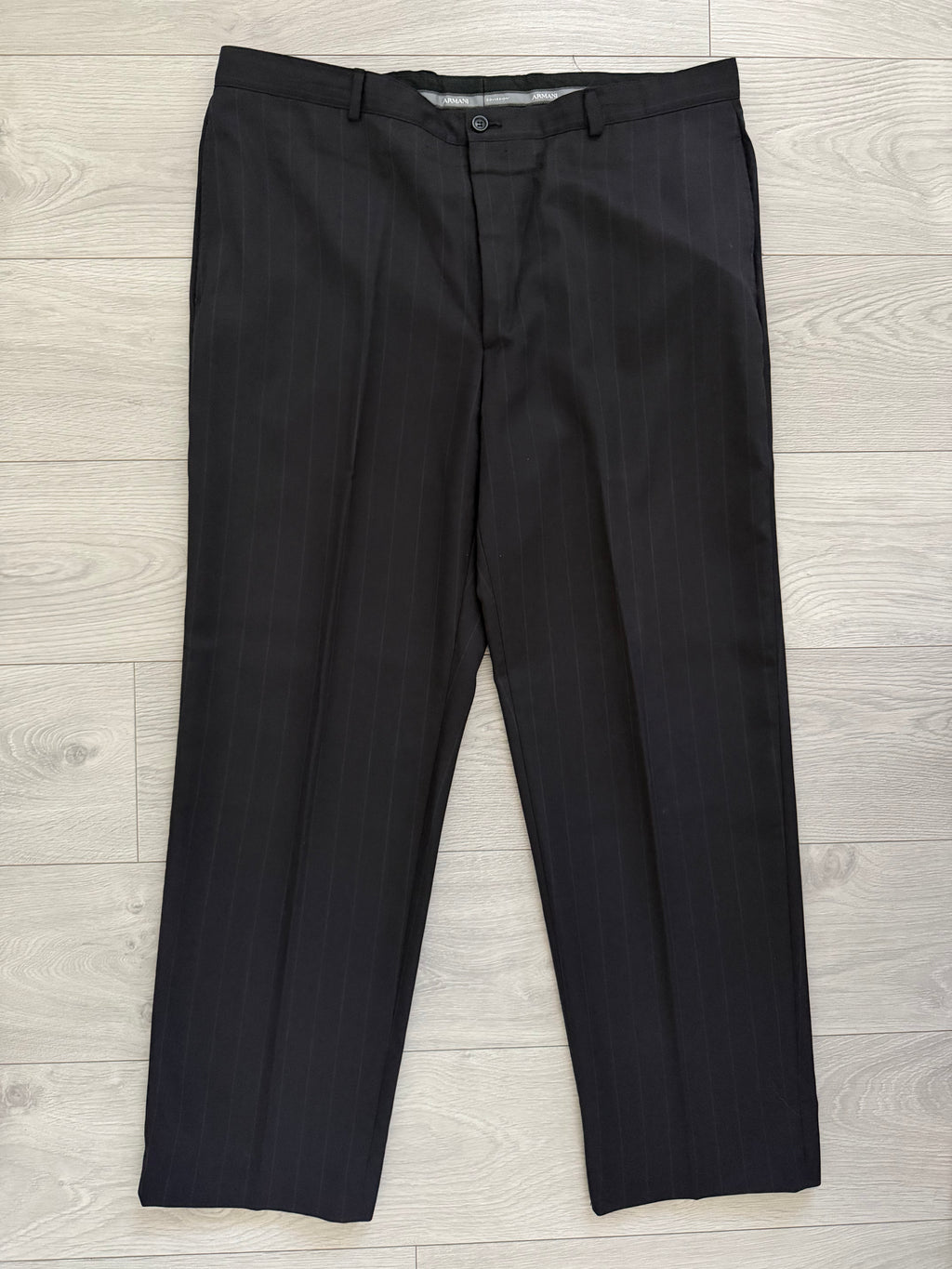 Armani 1990s 3B Black Wool Striped Suit - Size XXL Jacket / 40" Waist