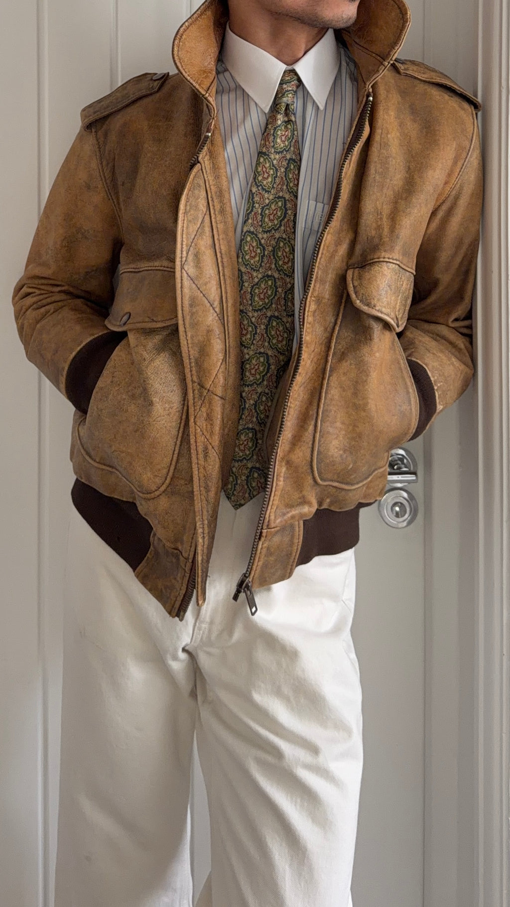 1990s Vintage Distressed Leather MA-1 Bomber Jacket  - Size S