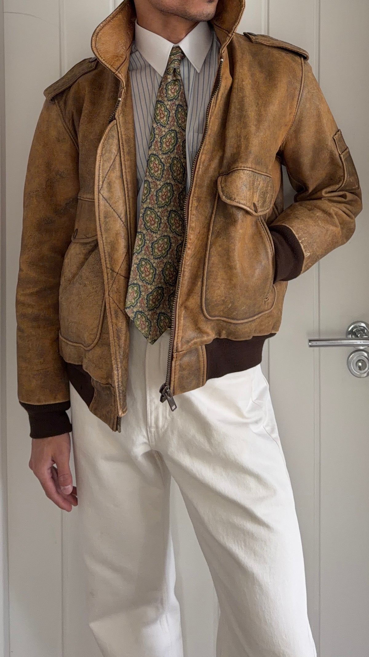 1990s Vintage Distressed Leather MA-1 Bomber Jacket  - Size S