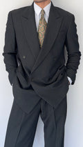 Armani 1990s Peaked Lapel Double Breasted Textured Wool Suit Green Gray - Size M Jacket / 33" Waist