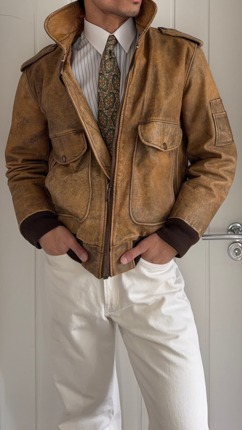 1990s Vintage Distressed Leather MA-1 Bomber Jacket  - Size S