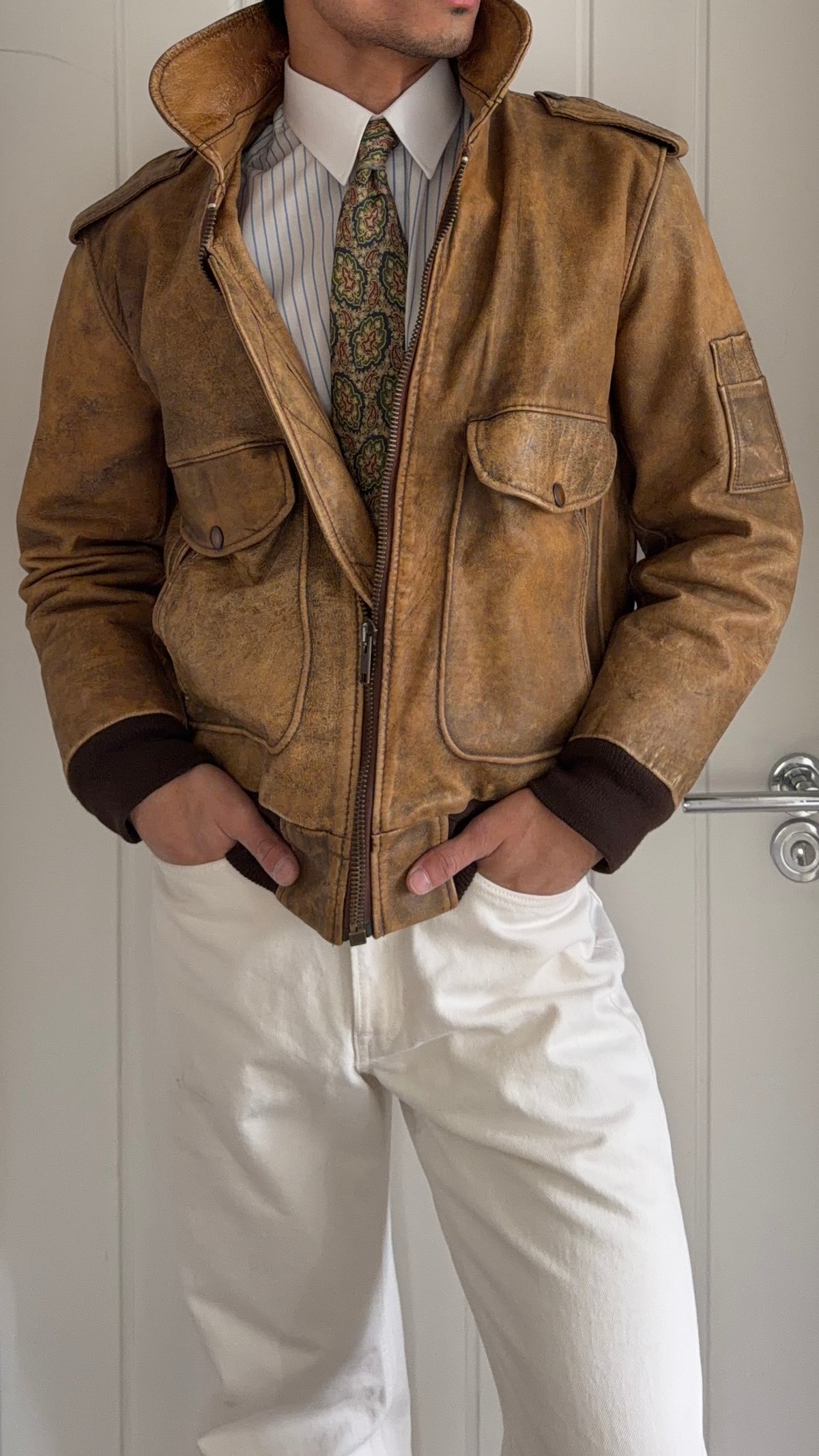 1990s Vintage Distressed Leather MA-1 Bomber Jacket  - Size S