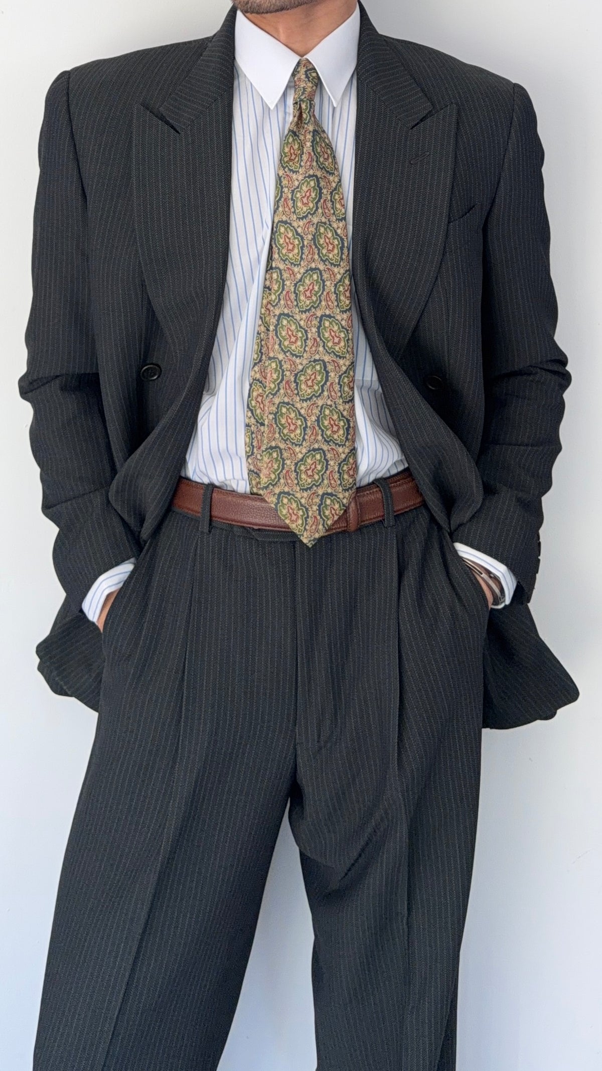 Armani 1990s Peaked Lapel Double Breasted Textured Wool Suit Green Gray - Size M Jacket / 33" Waist