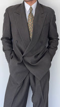 Giorgio Armani 1980s Peaked Lapel Double Breasted Textured Wool Suit Taupe Espresso Grey - Size M Jacket / 30" Waist