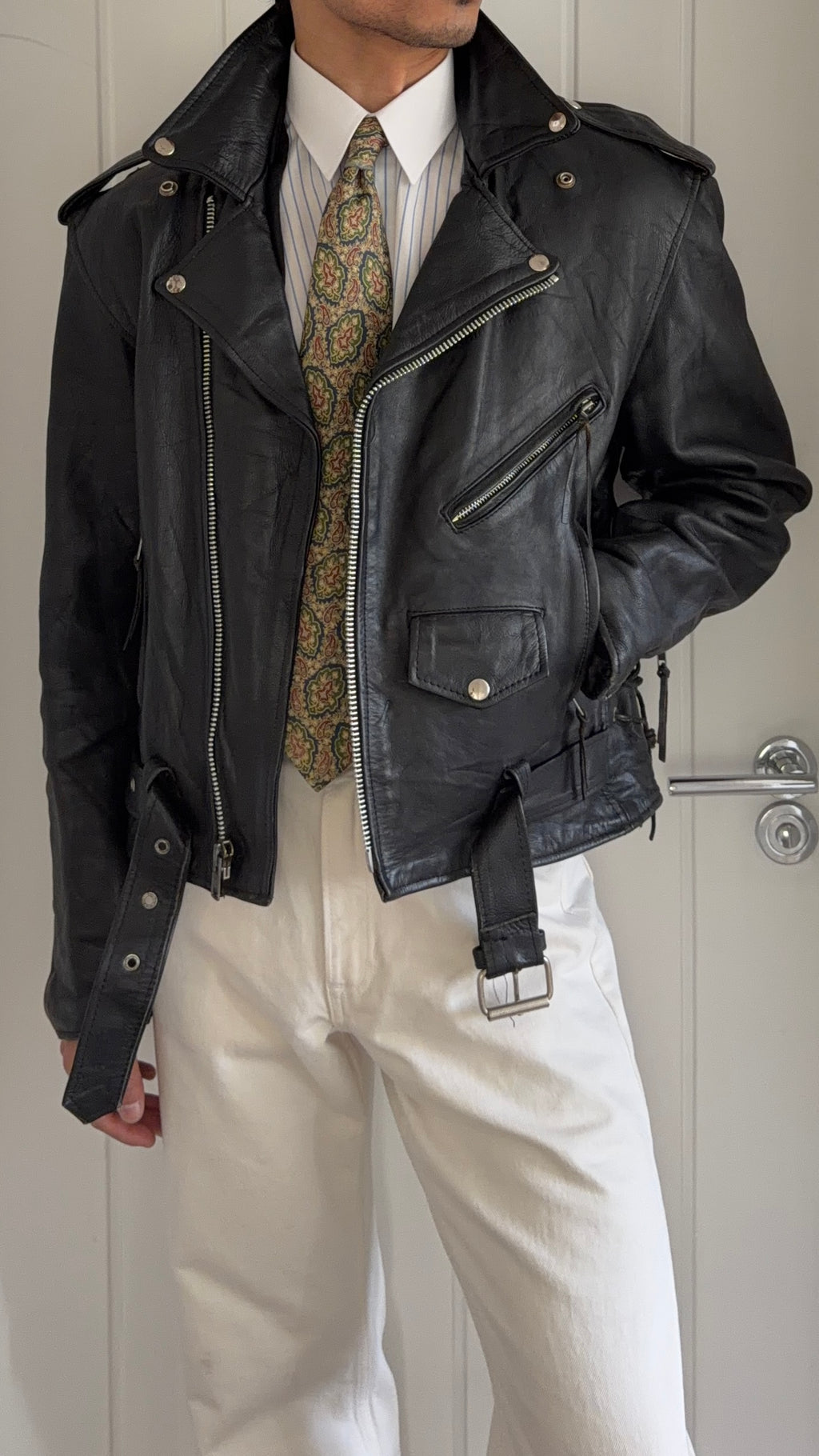 Vintage 1990s Black Leather Belted Biker Jacket  - Size S