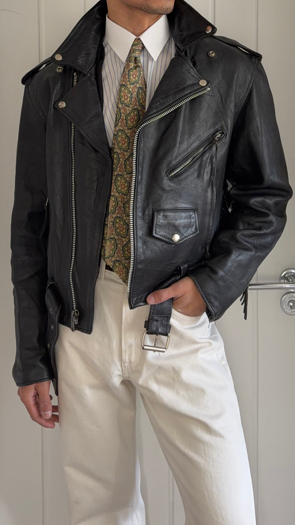 Vintage 1990s Black Leather Belted Biker Jacket  - Size S