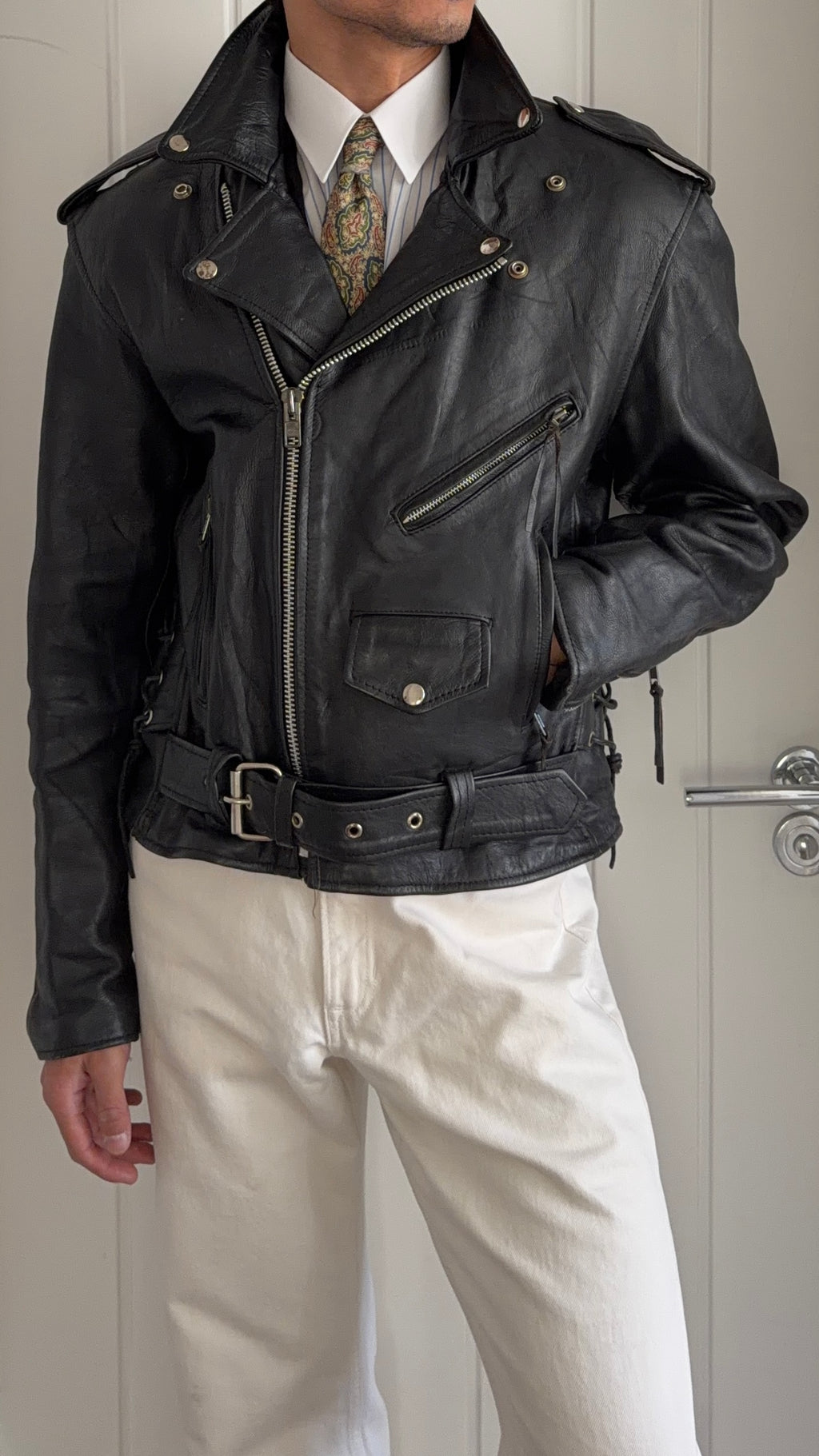 Vintage 1990s Black Leather Belted Biker Jacket  - Size S