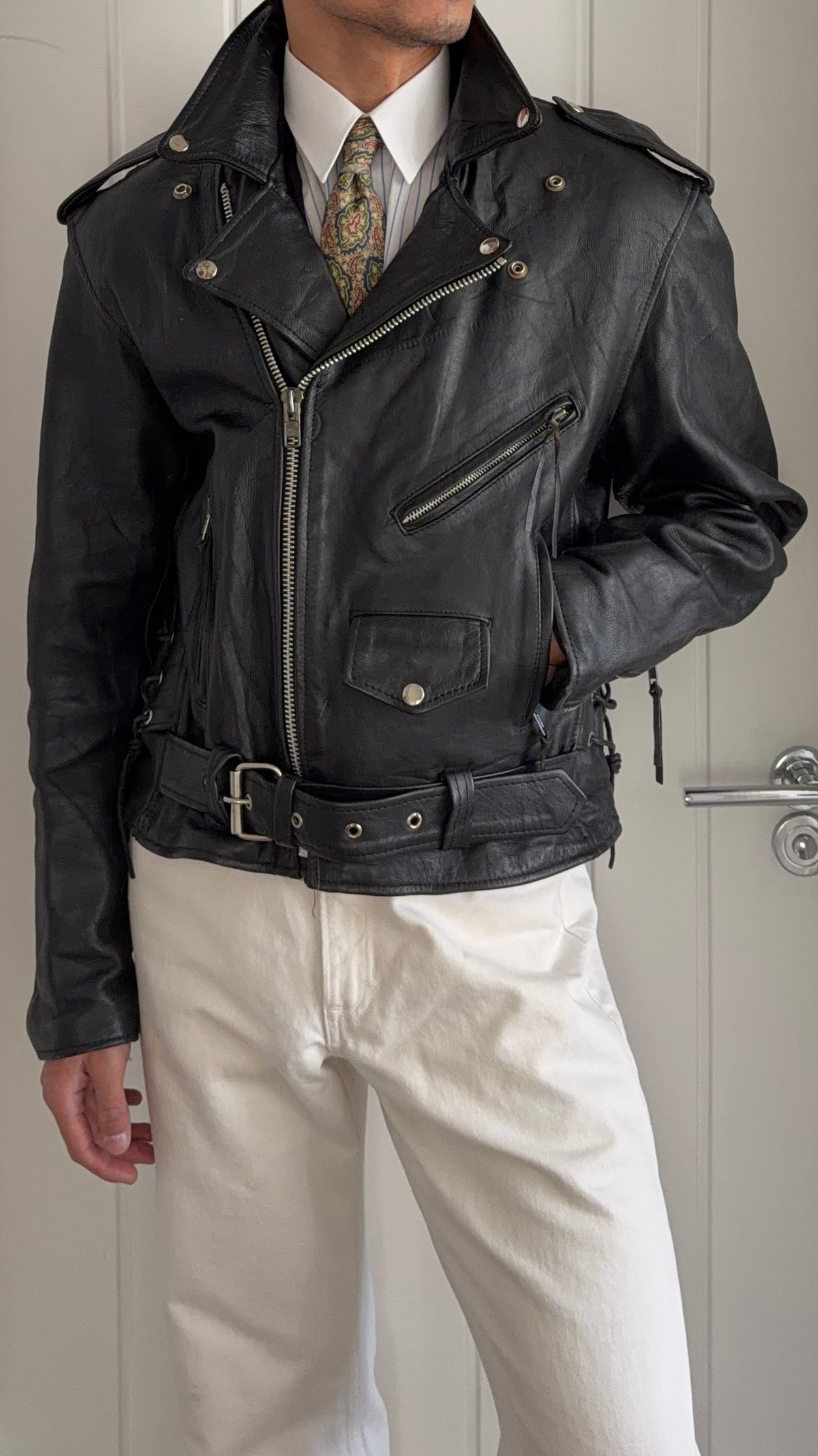 Vintage 1990s Black Leather Belted Biker Jacket  - Size S