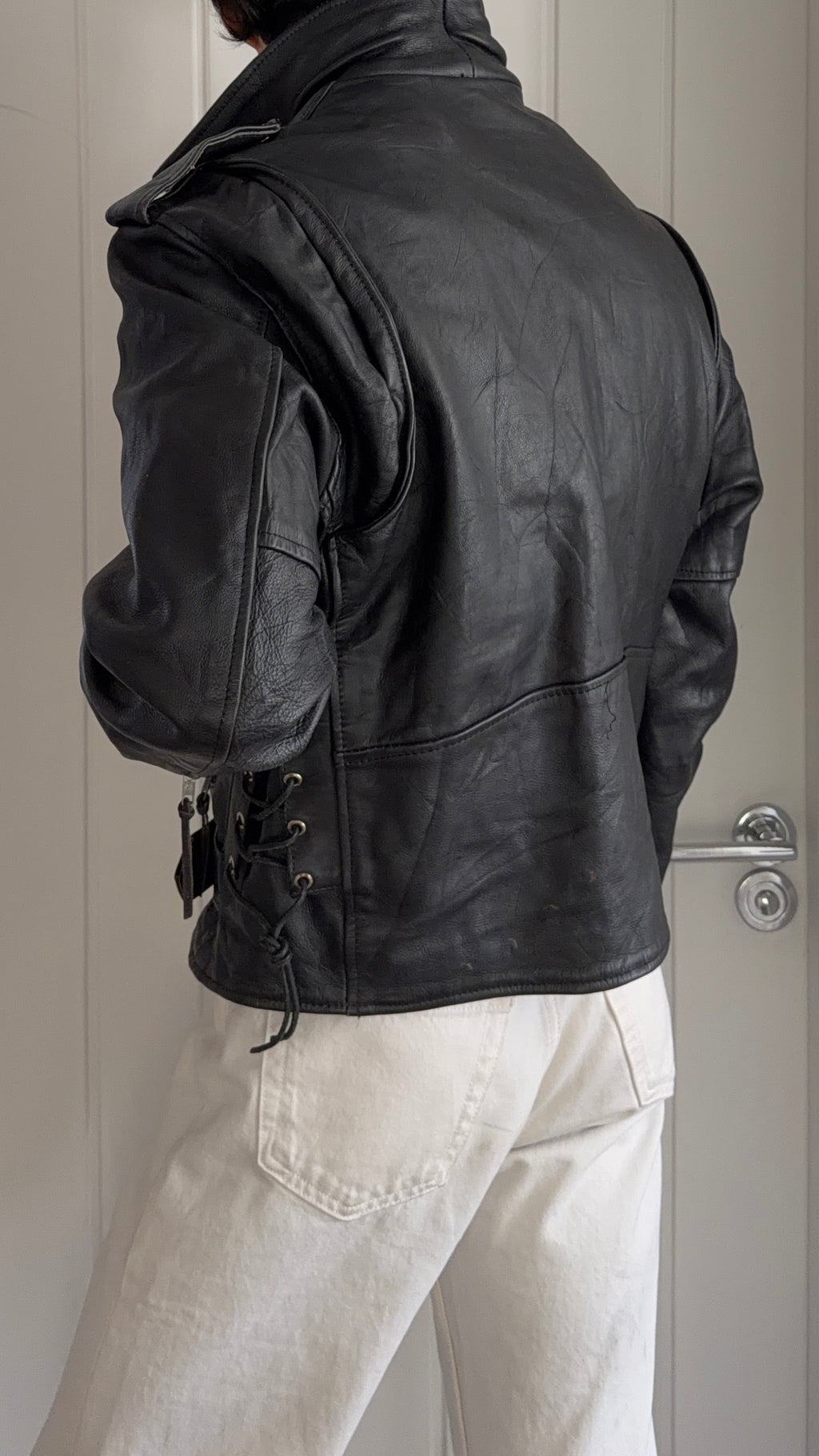 Vintage 1990s Black Leather Belted Biker Jacket  - Size S