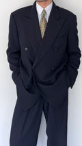 Giorgio Armani Black Label 1990s Peaked Lapel Double Breasted Draped Wool Pleated Suit Navy - Size L Jacket / 34" Waist