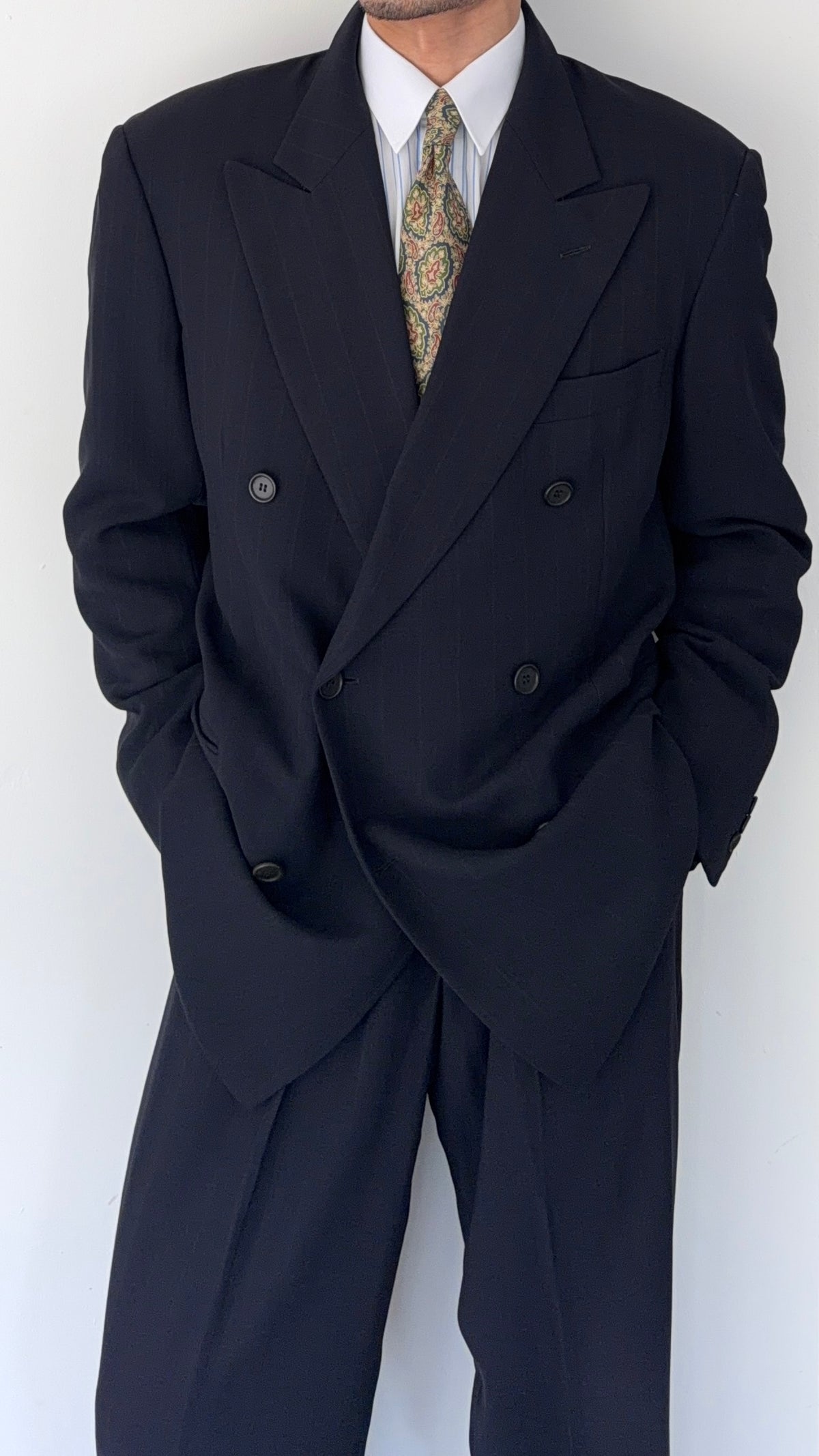 Giorgio Armani Black Label 1990s Peaked Lapel Double Breasted Draped Wool Pleated Suit Navy - Size L Jacket / 34" Waist