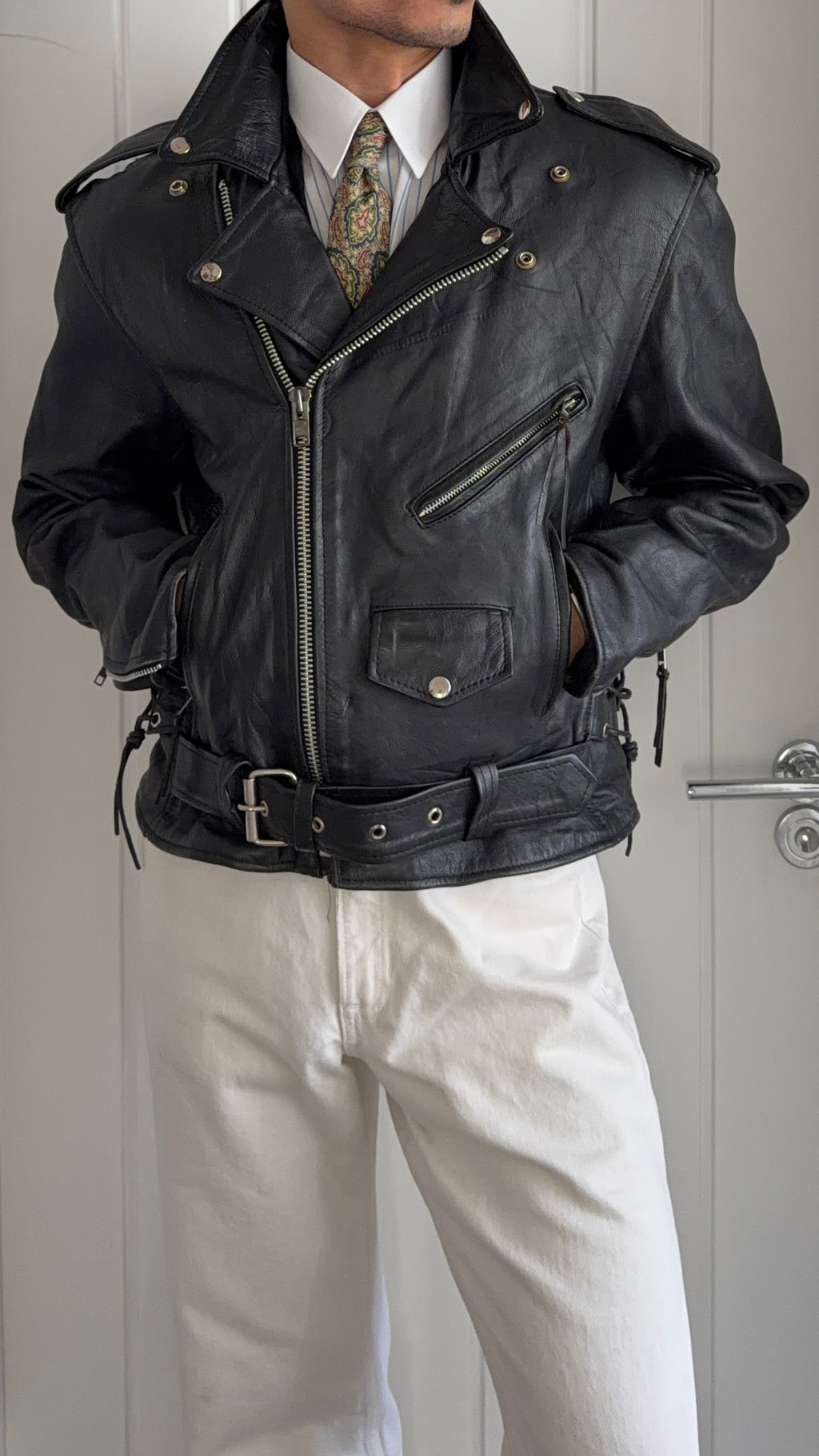 Vintage 1990s Black Leather Belted Biker Jacket  - Size S