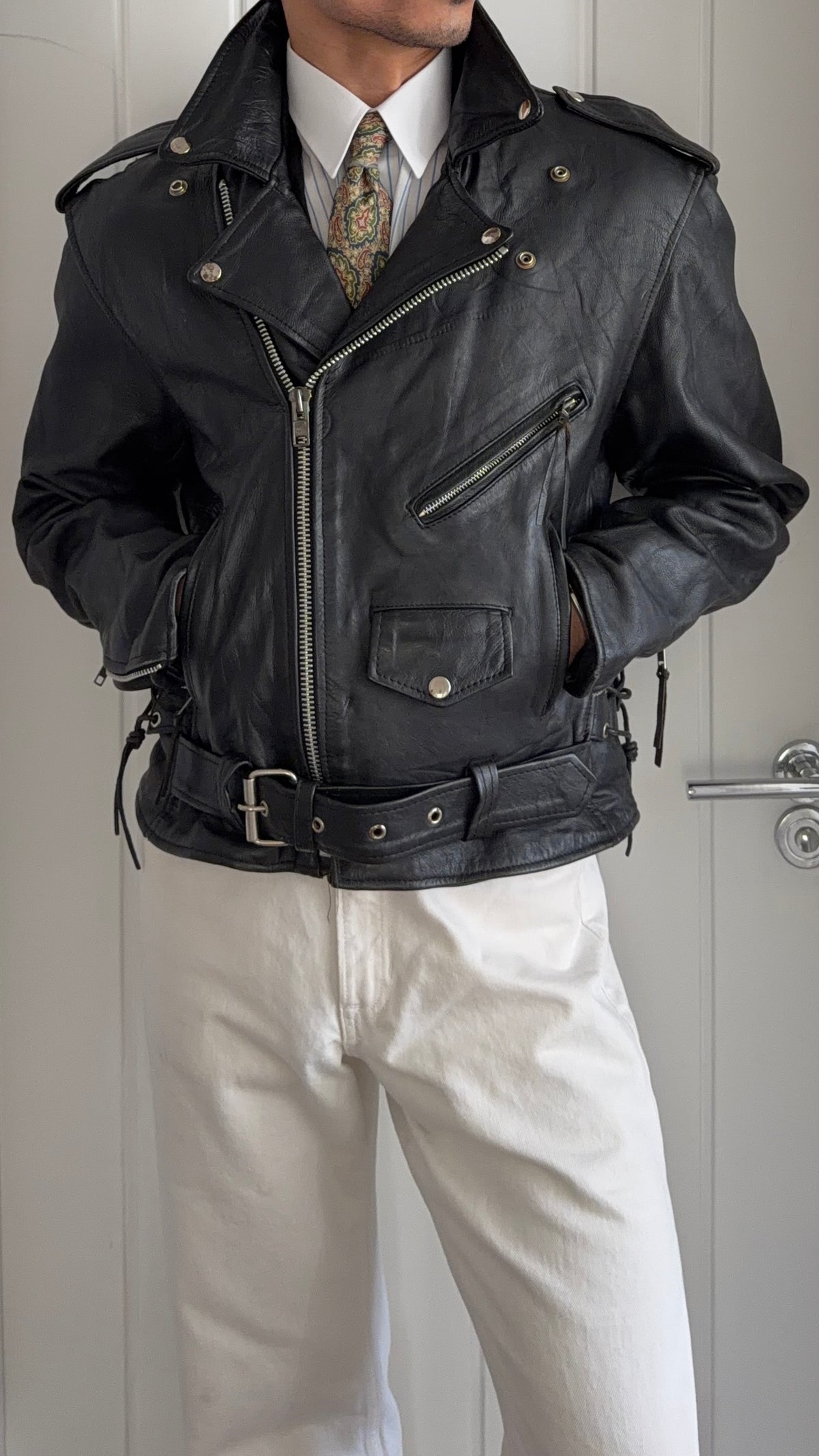 Vintage 1990s Black Leather Belted Biker Jacket  - Size S