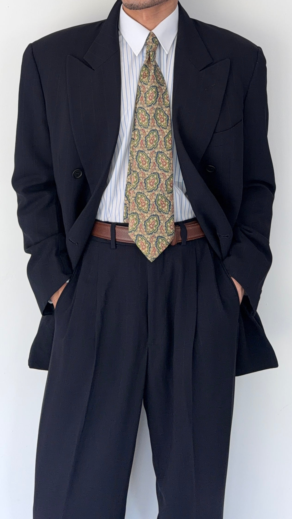Giorgio Armani Black Label 1990s Peaked Lapel Double Breasted Draped Wool Pleated Suit Navy - Size L Jacket / 34" Waist