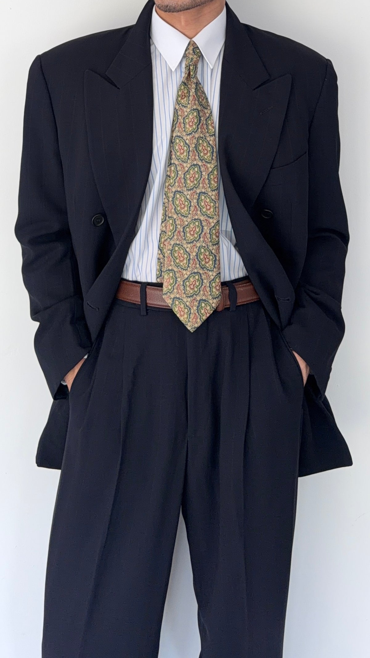 Giorgio Armani Black Label 1990s Peaked Lapel Double Breasted Draped Wool Pleated Suit Navy - Size L Jacket / 34" Waist
