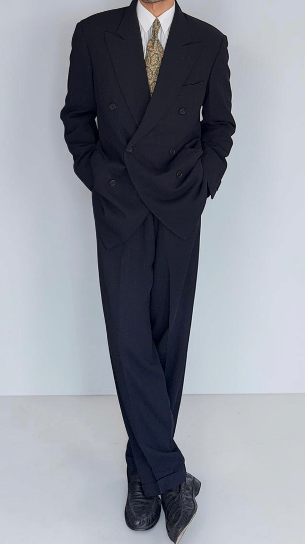 Giorgio Armani Black Label 1990s Peaked Lapel Double Breasted Draped Wool Pleated Suit Navy - Size L Jacket / 34" Waist